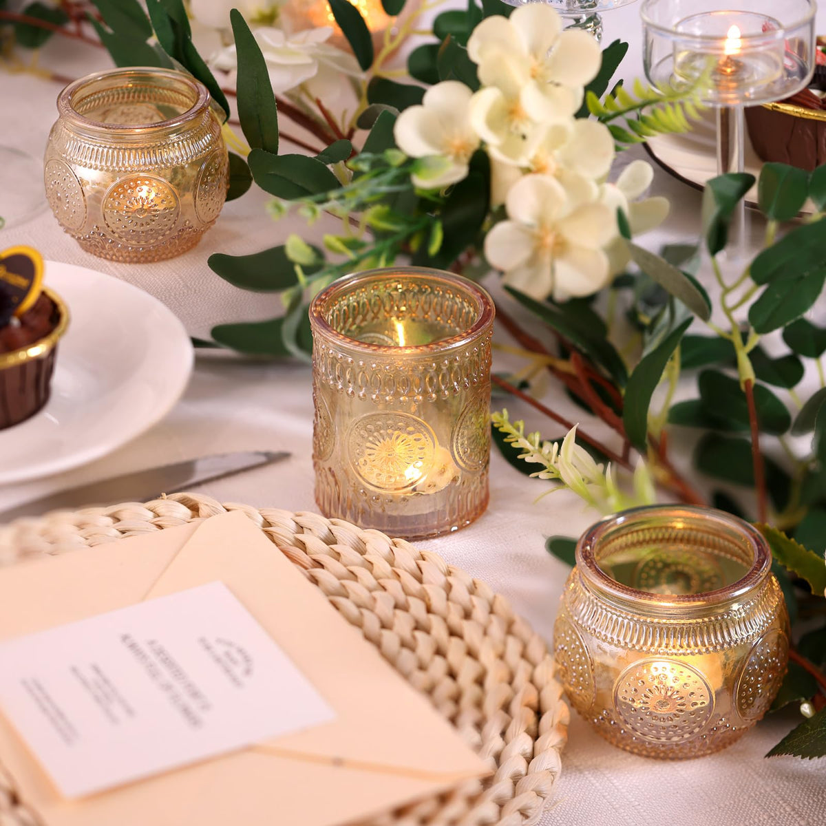 DARJEN 12Pcs Gold Votive Candle Holders - Glass Candle Holder for Table Centerpiece, Tea Lights Candle Holders for Home, Party & Wedding Shower Decoration