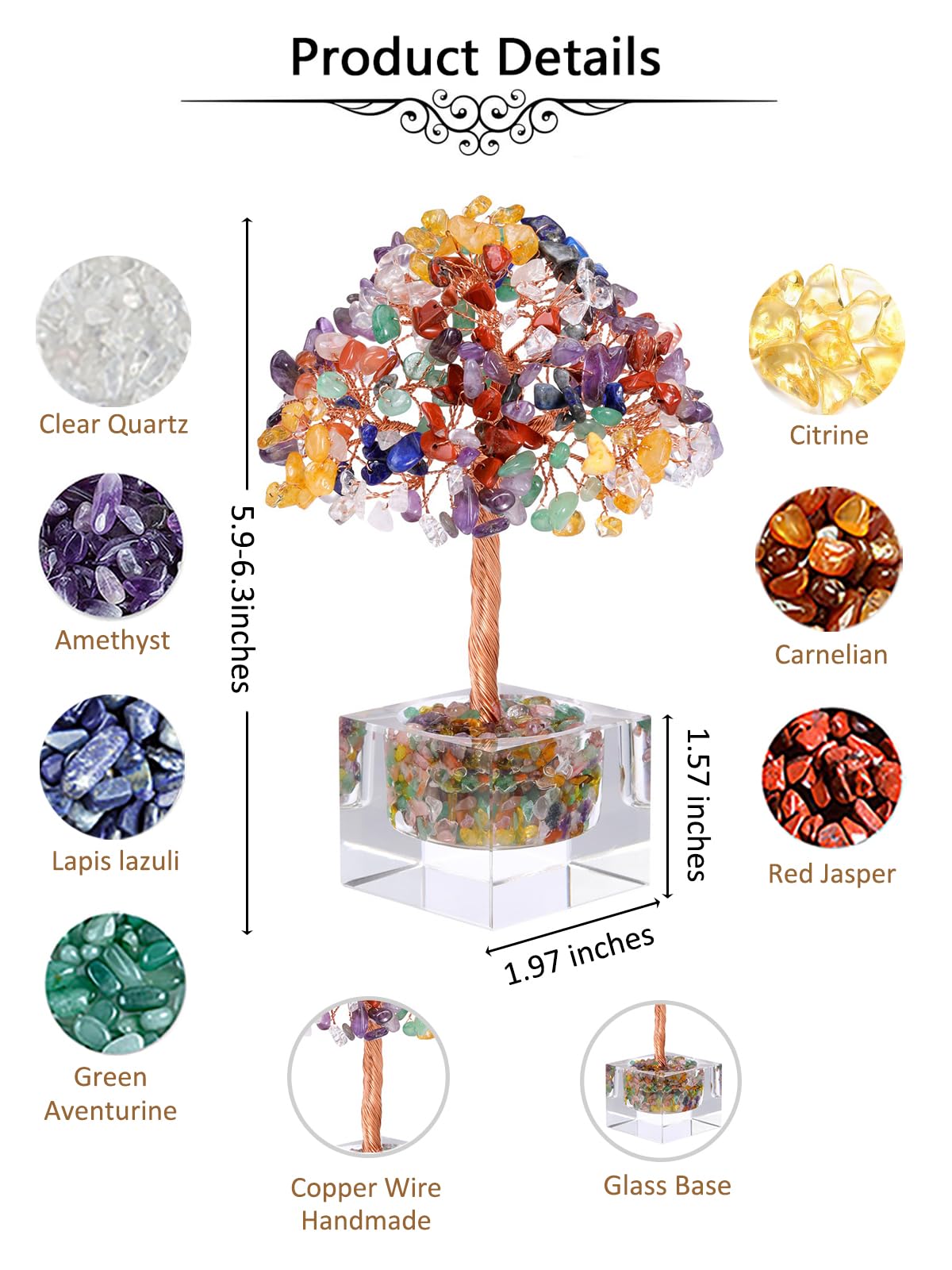 Jovivi Large Crystal Tree with Square Glass Base, 7 Chakra Healing Crystals Life Tree Natural Chipped Gemstone Money Trees Feng Shui Good Luck Positive Energy Home Desk Decor