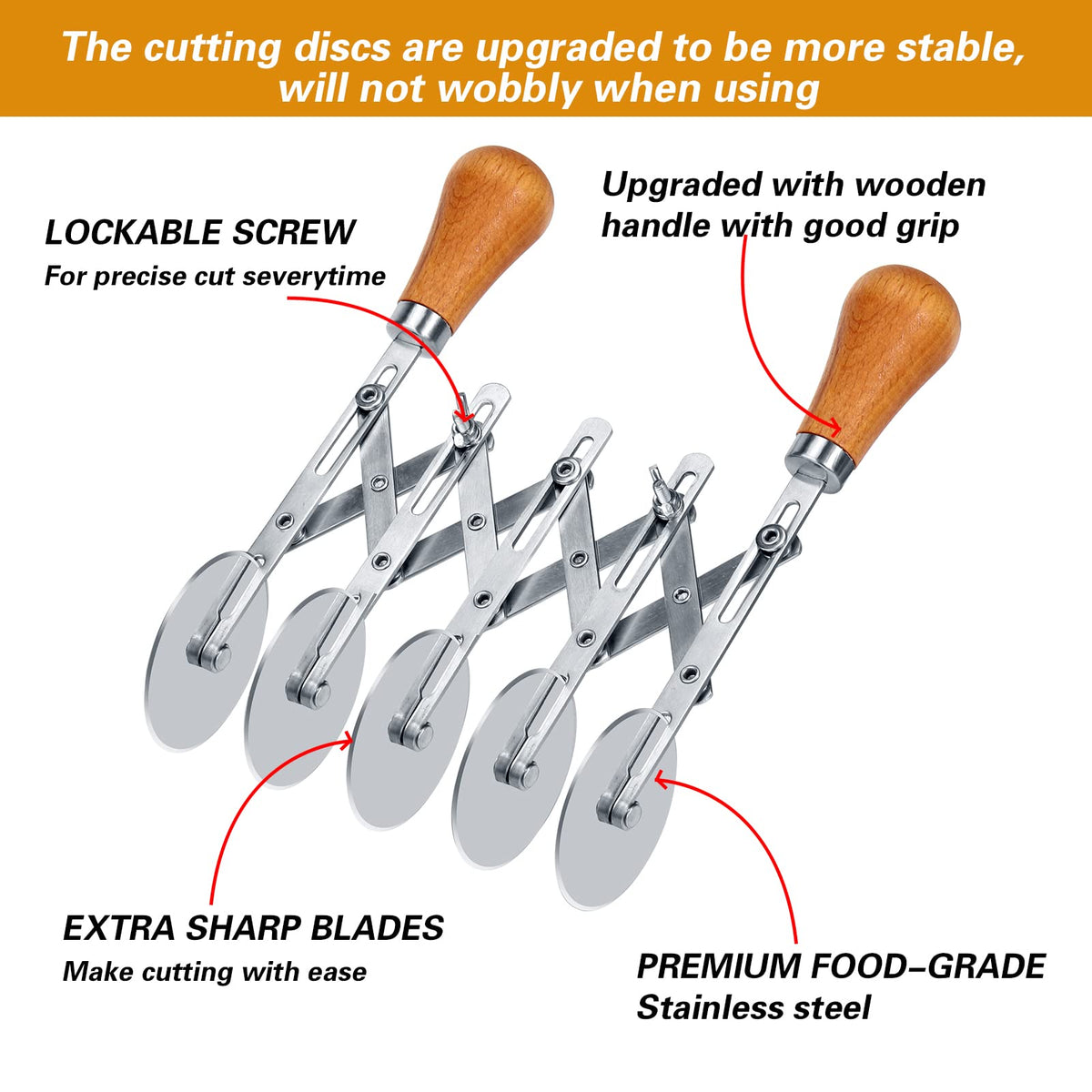 Juome 5 Wheel Pastry Cutter with Wooden Handle, Multi-Round Wheel Pasta Dough Cutter Roller Pizza Slicer Accordion Pastry Knife Divider Tool