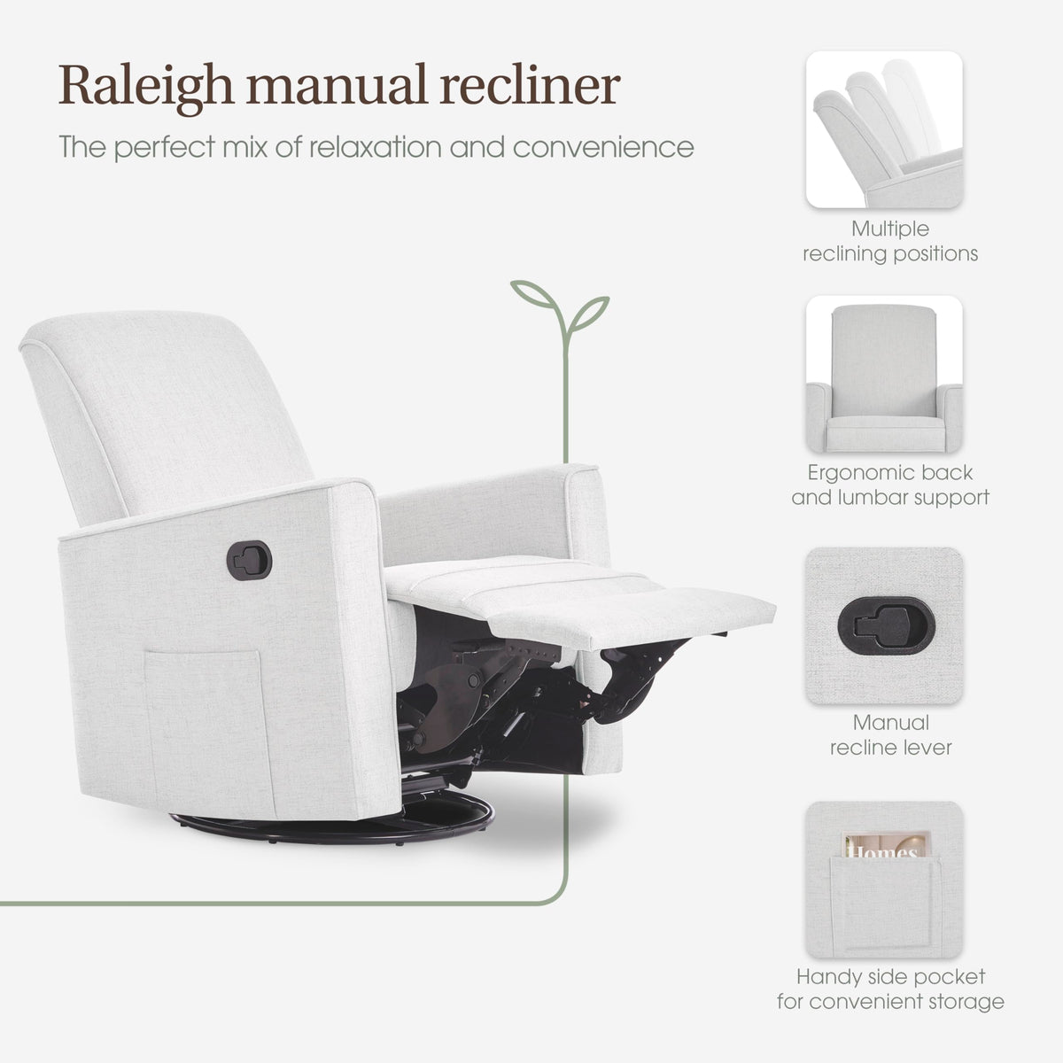 Evolur Raleigh Upholstered Manual Glider Recliner– Rocking & 360° Swivel with Smooth Glide – Greenguard Gold & FSC Certified – Modern Nursery and Living Room Chair in Fog