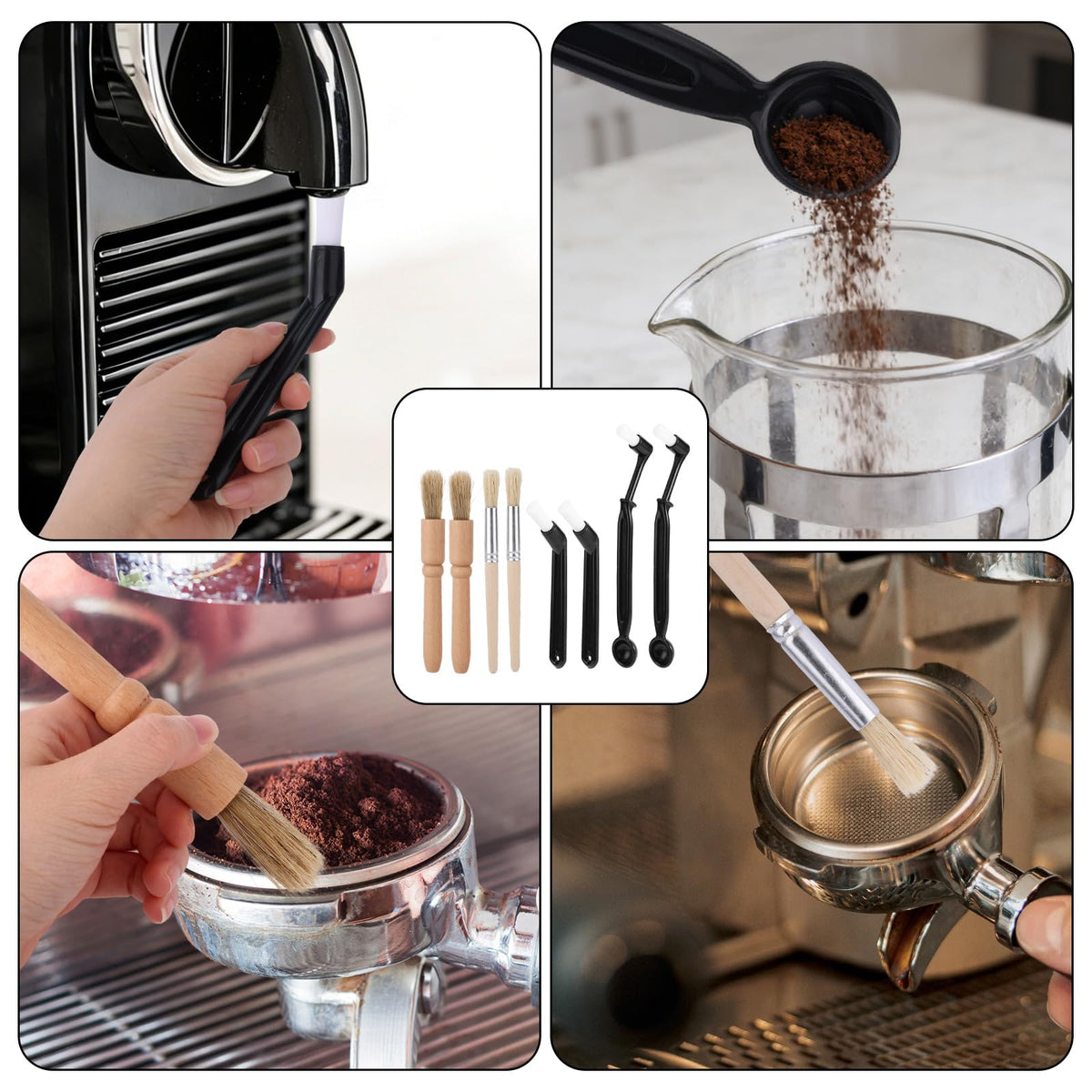 8pcs Coffee Cleaning Brush Set, Espresso Machine & Grinder Cleaning Brushes Long Handle Flexible Brush Cleaner and Scoop Tool for Clean Coffee Maker Grinder Brew Head and Barista Accessories