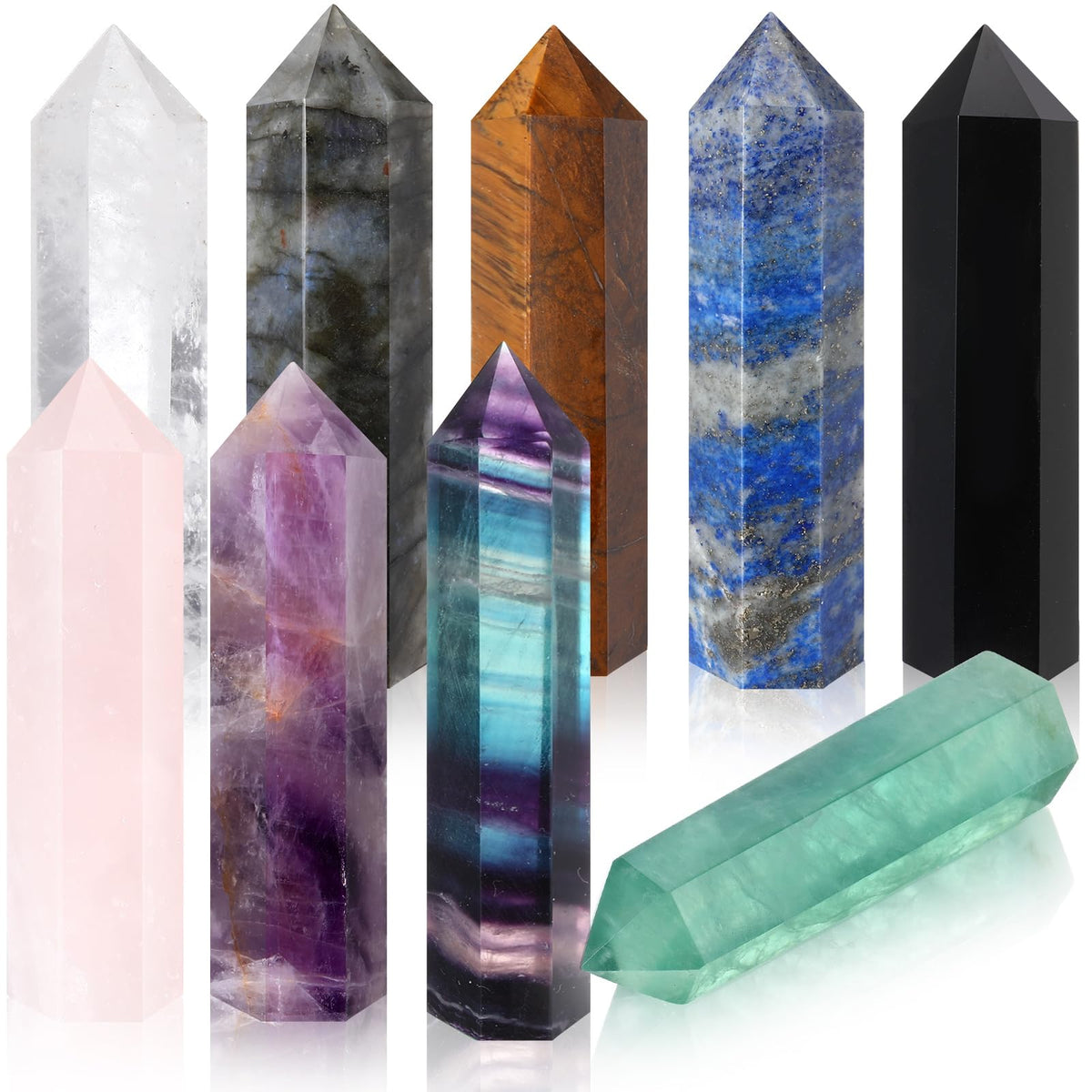 Junkin 9 Sets Healing Crystal Wand, Amethyst Rose Quartz Clear Quartz Tiger Eye Obsidian Fluorite Labradorite Lapis Lazuli for Meditation Crystal Therapy Reiki Supplies(Mixed Color,2.8-3.1 Inch)