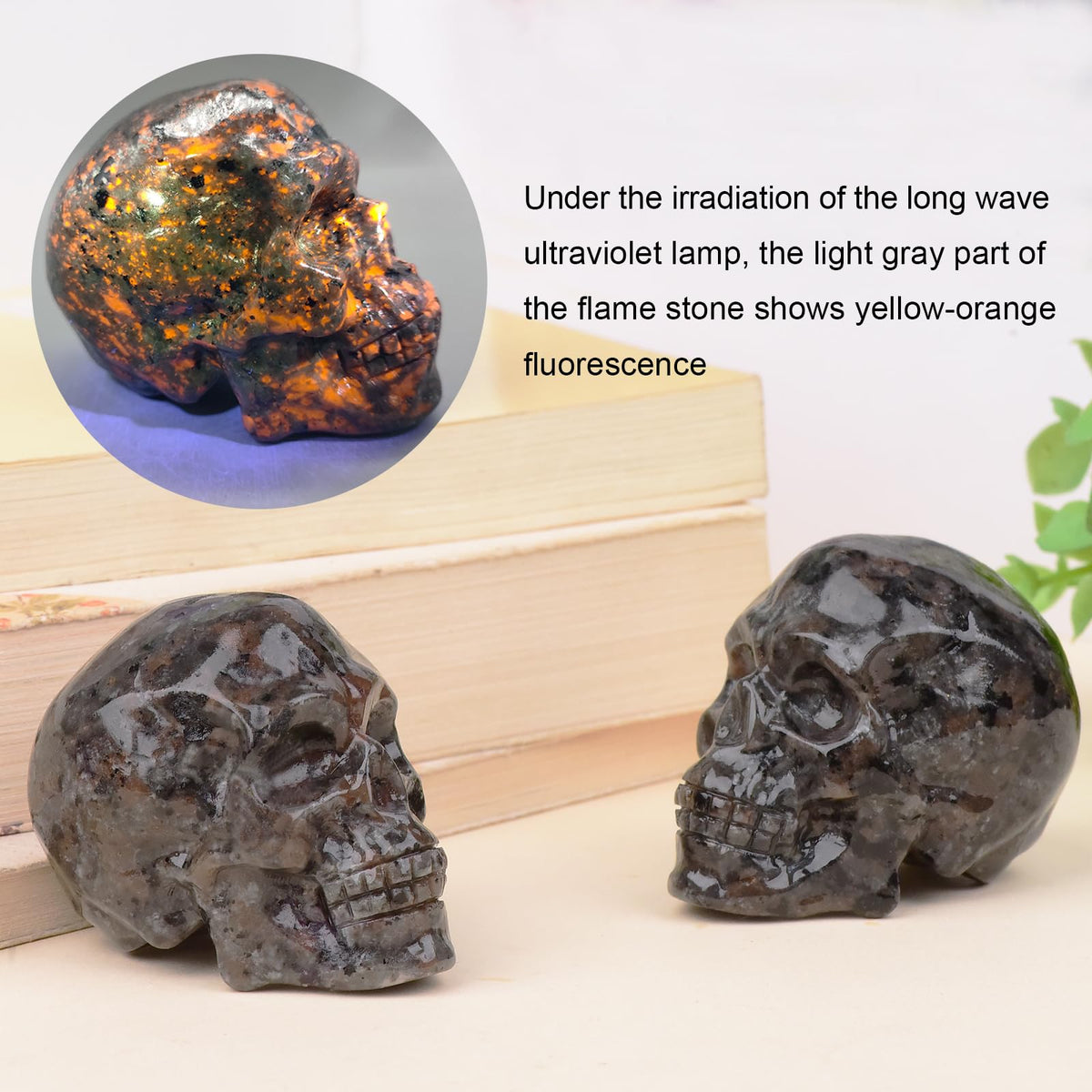 QLRSUXN 2 Inch Flame Yooperlite Stone Crystal Skulls Decor,Human Skull Sculpture Statues Healing Crystal Decor,Halloween Skull Figurines,Home Office Decoration Christmas Meditation Gifts for Men Women