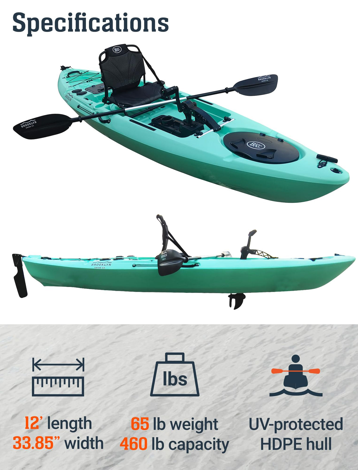 Brooklyn 12.0 Pro Single Propeller Pedal Kayak by BKC, 12 ft Sit-On-Top Fishing Kayak, Hands-Free Pedal Drive, Rudder Steering, 70 lb Hull, Rod Holders & Large Storage (Teal)