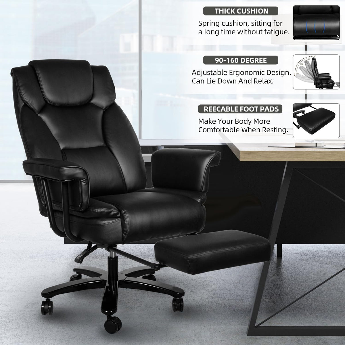 Sucrever Reclining Office Chair with Footrest, Big and Tall Home Office Desk Chairs 400lbs with High Back, Criss Cross Wide Seat, Heavy Duty Base, Pu Leather, Black