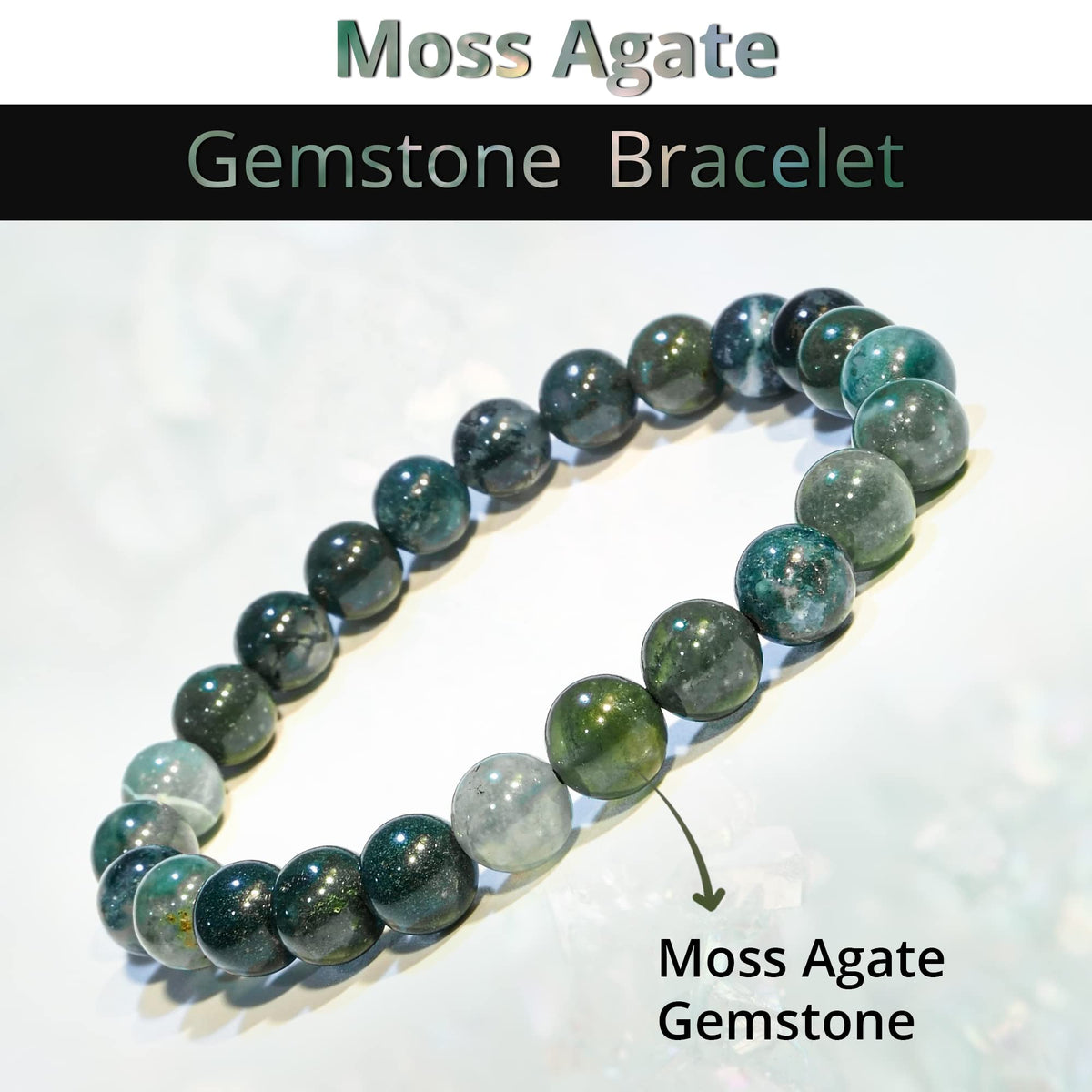 ANAYA AGATE Moss Agate Bracelet, Healing Crystal Bracelet for Women and Men, 8mm Round Beaded Bracelet for Spiritual Healing, Protection, Positive Energy, Elastic Adjustable Size Gemstone Bead Bracelet