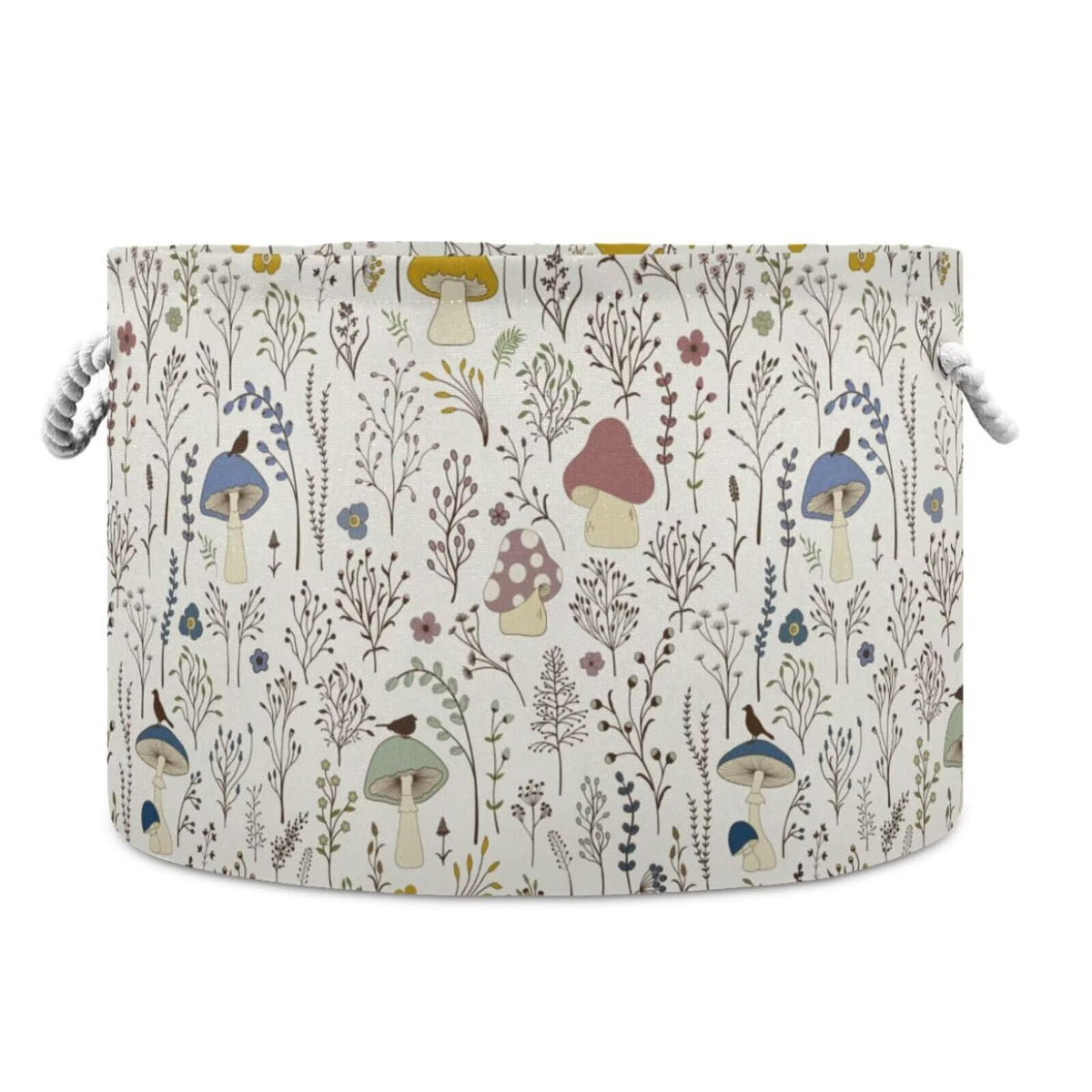 Retro Mushroom Print Round Storage Basket Mushroom Wild Plant Large Laundry Hamper 20 x 20 x 14 Inches Organizer Bin with Cotton Rope Handles Clothes Storage Bag for Nursery Bedroom Living Room Decor