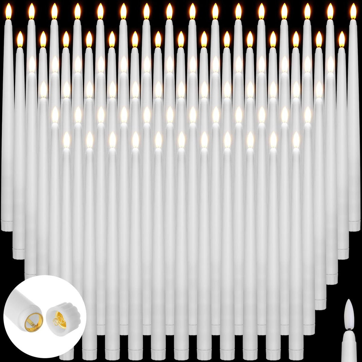 Baquler 100 Pcs Extra Long Flameless Taper Candles 12.4 inch Battery Operated Taper Candle Bulk LED Flickering White Candlesticks for Wedding Church Table Centerpiece Halloween Christmas Party Decor