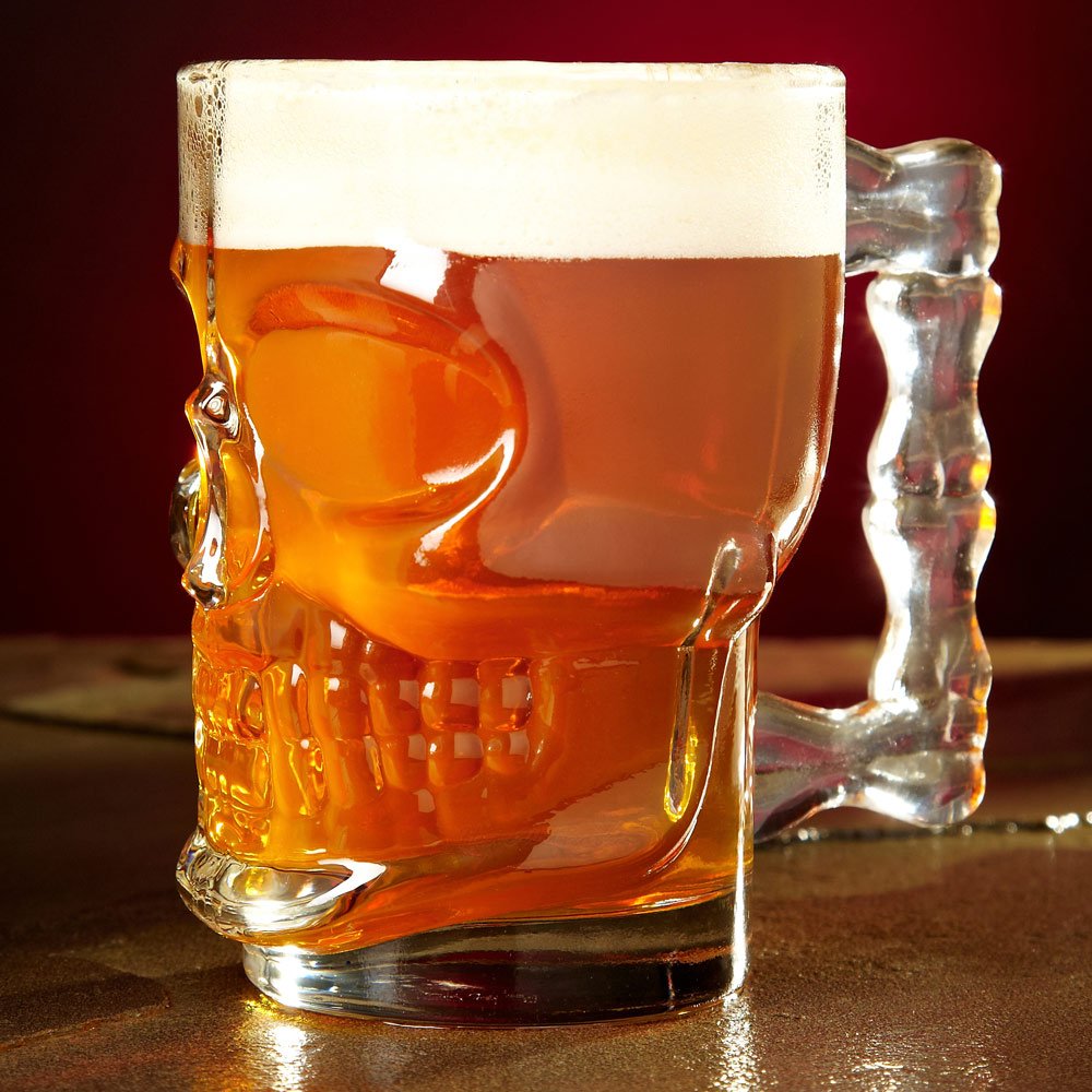 Circleware Skull Face Beer Mug Drinking Glasses with Handle, Set of 2, Heavy Base Funny Entertainment Glassware for Water, Juice and Halloween Decorations Beverage Gifts, 17.6 oz.