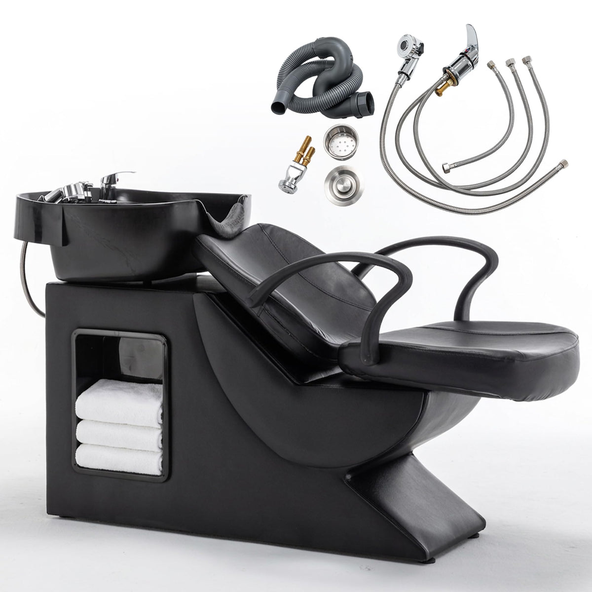 KEIKI Shampoo Bowl and Chair Set for Salon, Hair Washing Station with ABS Sink & PU Leather Chair, Ergonomic Chair with Neck Rest, Side Storage, Hot/Cold Faucet & Sprayer for Spa, Black