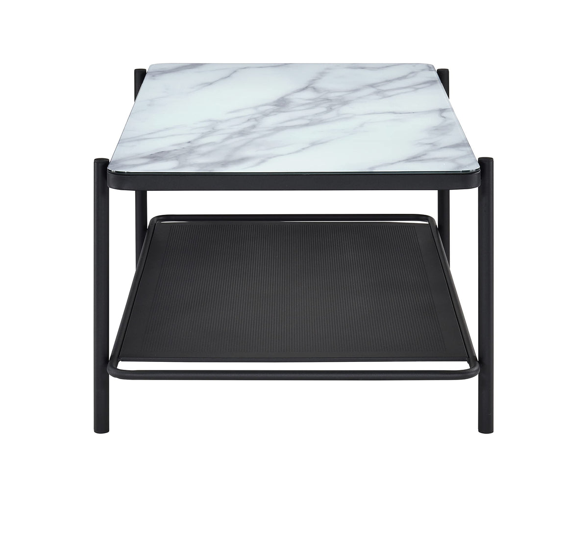 Furniture of America Basil Industrial Faux Marble Top Steel 2-Piece Coffee and End Tables Set with Open Shelves, Black and White