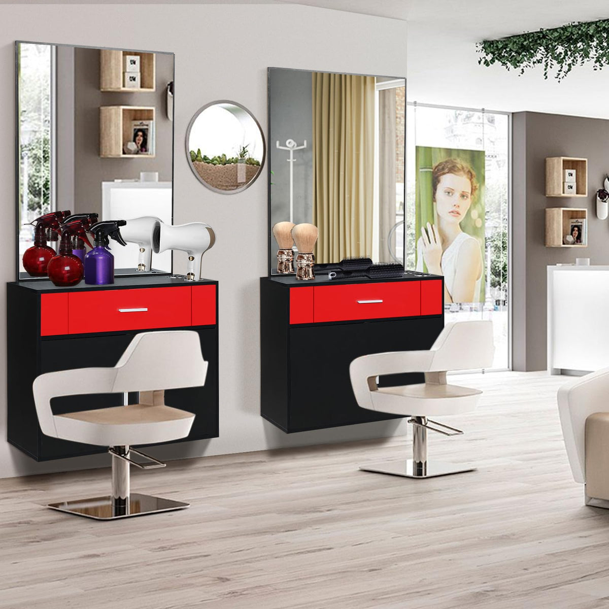 Black Salon Stations for Hair Stylist, Barber Station Organizer, Wall Mount Hair Styling Equipment, Wall Mount Barber Station Hair Styling with Mirror Dressing Table Beauty Salon Spa Equipment Set