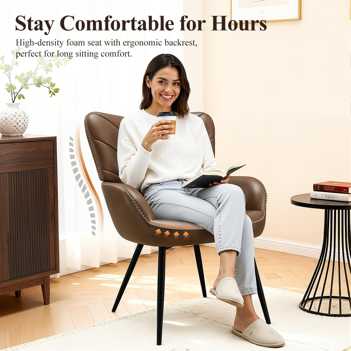 MALOL Mid-Century Modern Faux Leather Accent Chair for Living Room, Upholstered Armchair with Curved Back, High-Density Cushion & Metal Legs, Lounge Chair for Bedroom/Reading Corner,Set of 2
