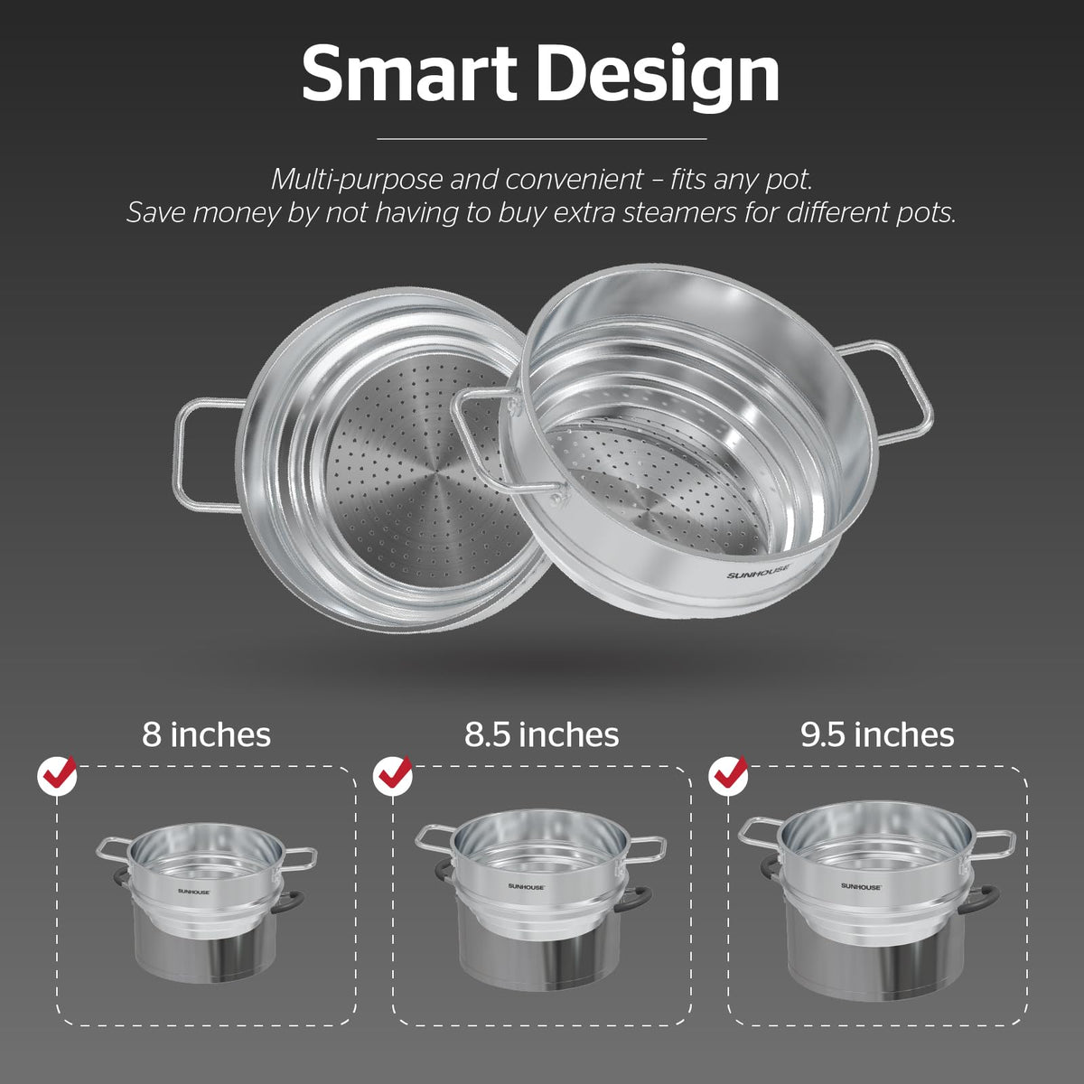 SUNHOUSE 5 Quart Stainless Steel Steamer Insert – Multi-Purpose Soup & Food Steamer with Stay-Cool Handles & Heavy-Duty Glass Lid – Fits Various Pot Sizes (8", 8.5", 9.5")