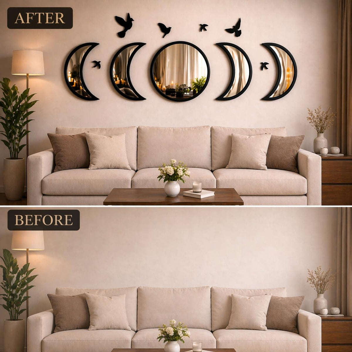 NESHE Moon Phase Mirror Wall Decor Set with Birds | Gothic Witchy Boho Wall Mirror Decor | Scandinavian Aesthetic Home Decor for Bedroom Living Room (Black)