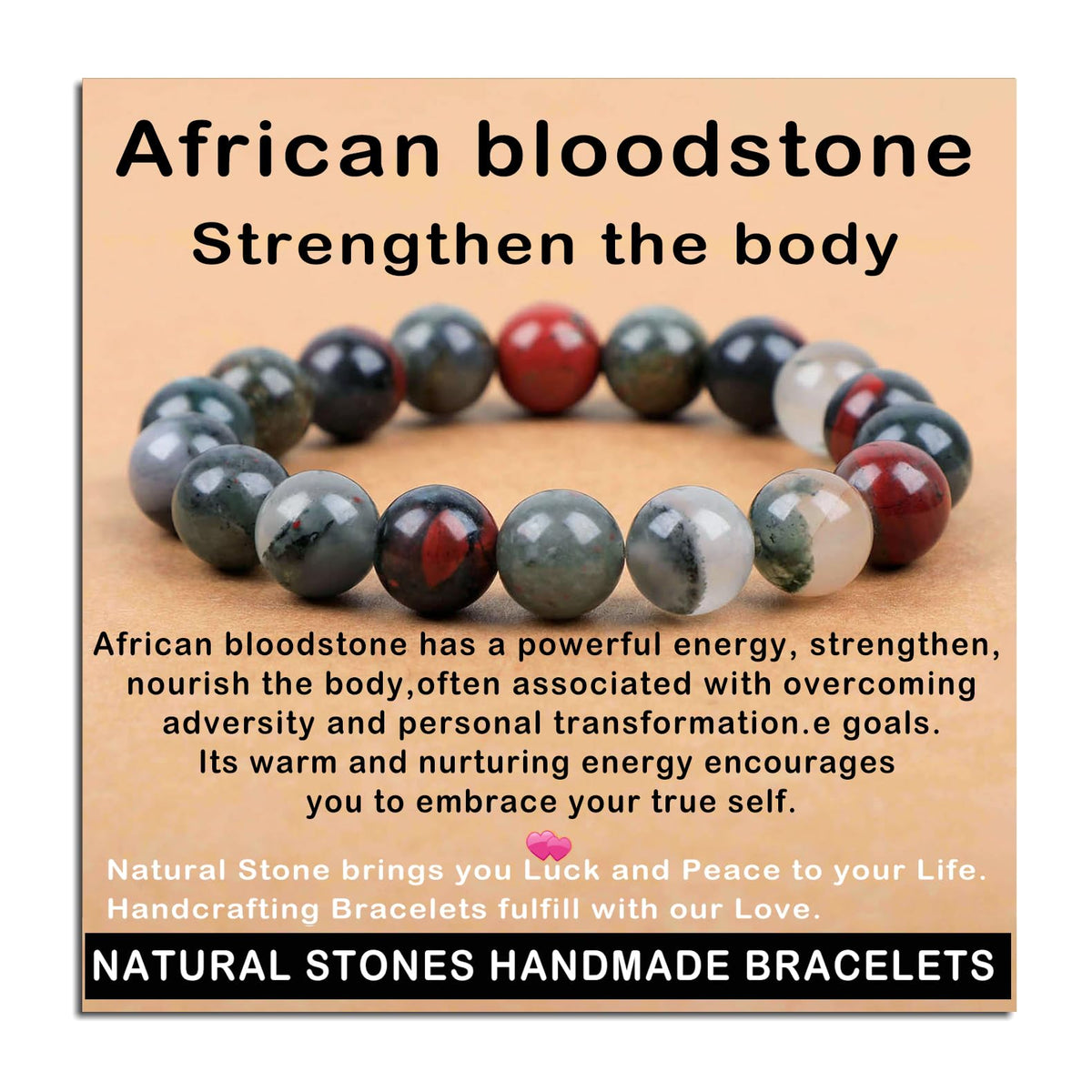 AD Beads Handmade Gemstone Stretch Elastic Bracelet Crystal Healing Reiki Nature's Beauty and Spiritual Essence Unisex (10mm, African Bloodstone (Strengthen the Body))