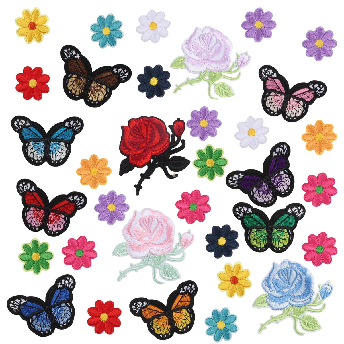 36Pcs Flower Iron On Patches, Cute Butterfly Sew On Embroidered Applique Repair Patches for Clothing, Hats, Backpacks, Jackets, Bags