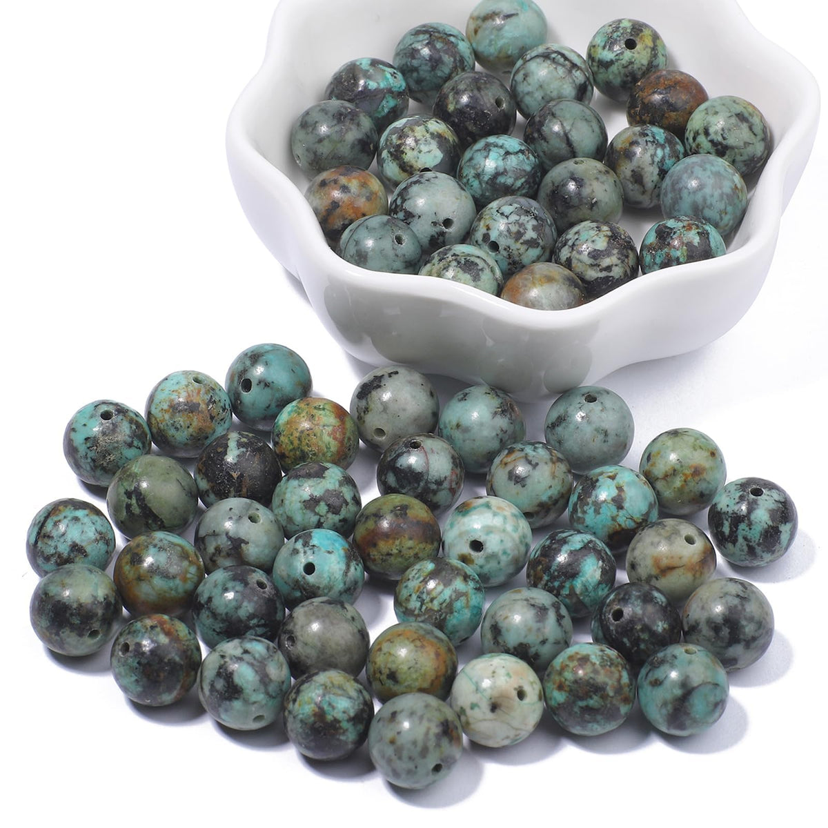 NITOPUPU 100Pcs 10mm Natural Smooth African Turquoise Gemstone Beads Round Loose Stone Beads for Jewerly Making with Crystal Stretch Cord