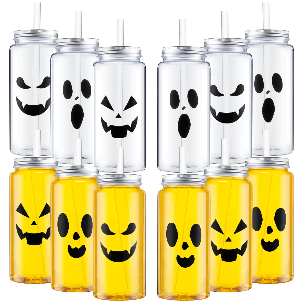 Patelai 12 Pcs Halloween Plastic Cups with Lids and Straws 13.5 oz Pumpkin Ghost Face Drinking Cup Reusable Clear Bottles Scary Printed Party Tumblers for Trick or Treat Party Supplies