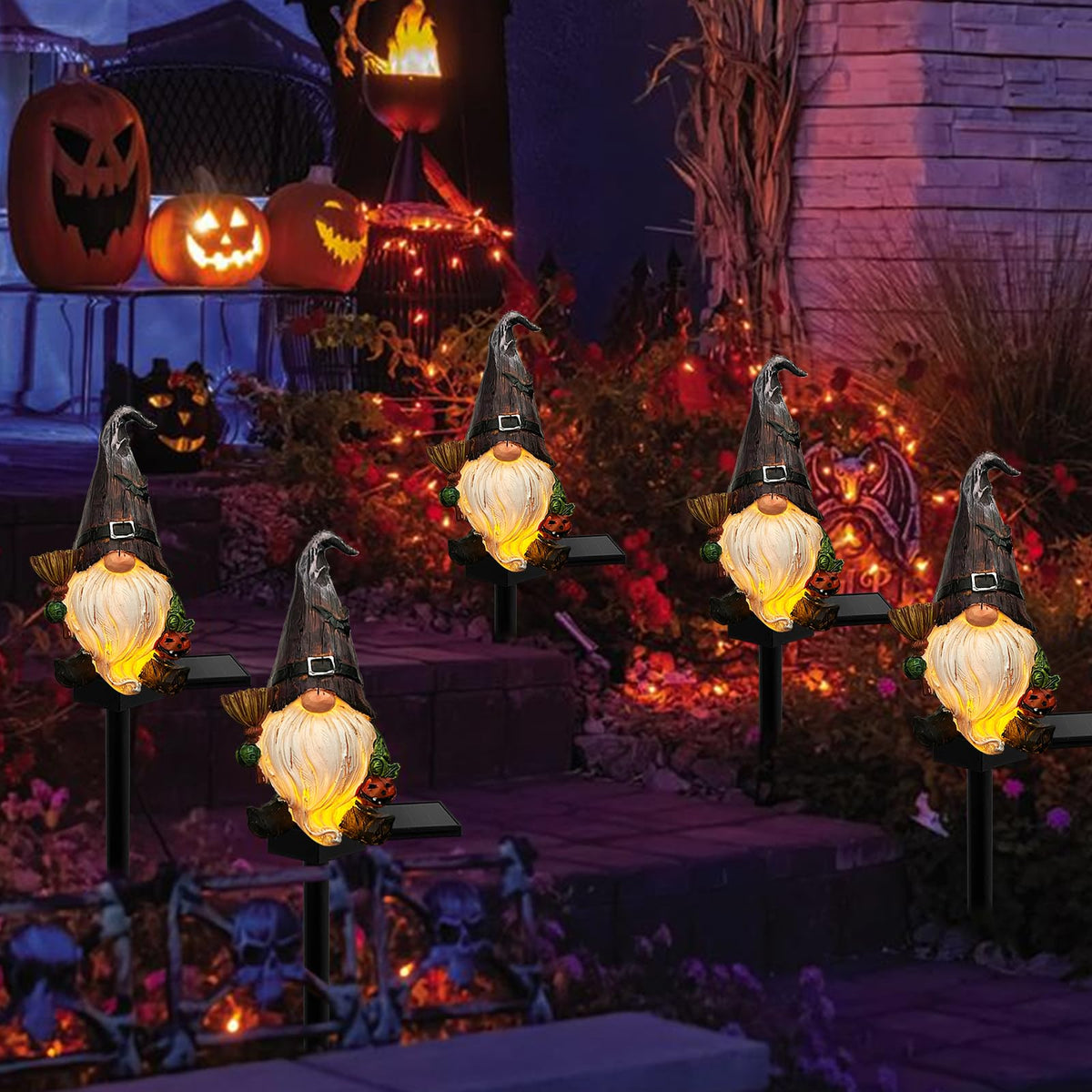 LAIAMER Halloween Gnome Garden Lights Outdoor Solar Halloween Pathway lights, Fall Yard Stakes Fall Decorations Gnome Statue with Bat&Pumpkin, Gnomes Gifts Fairy Garden Lights for Outside Lawn(Purple)