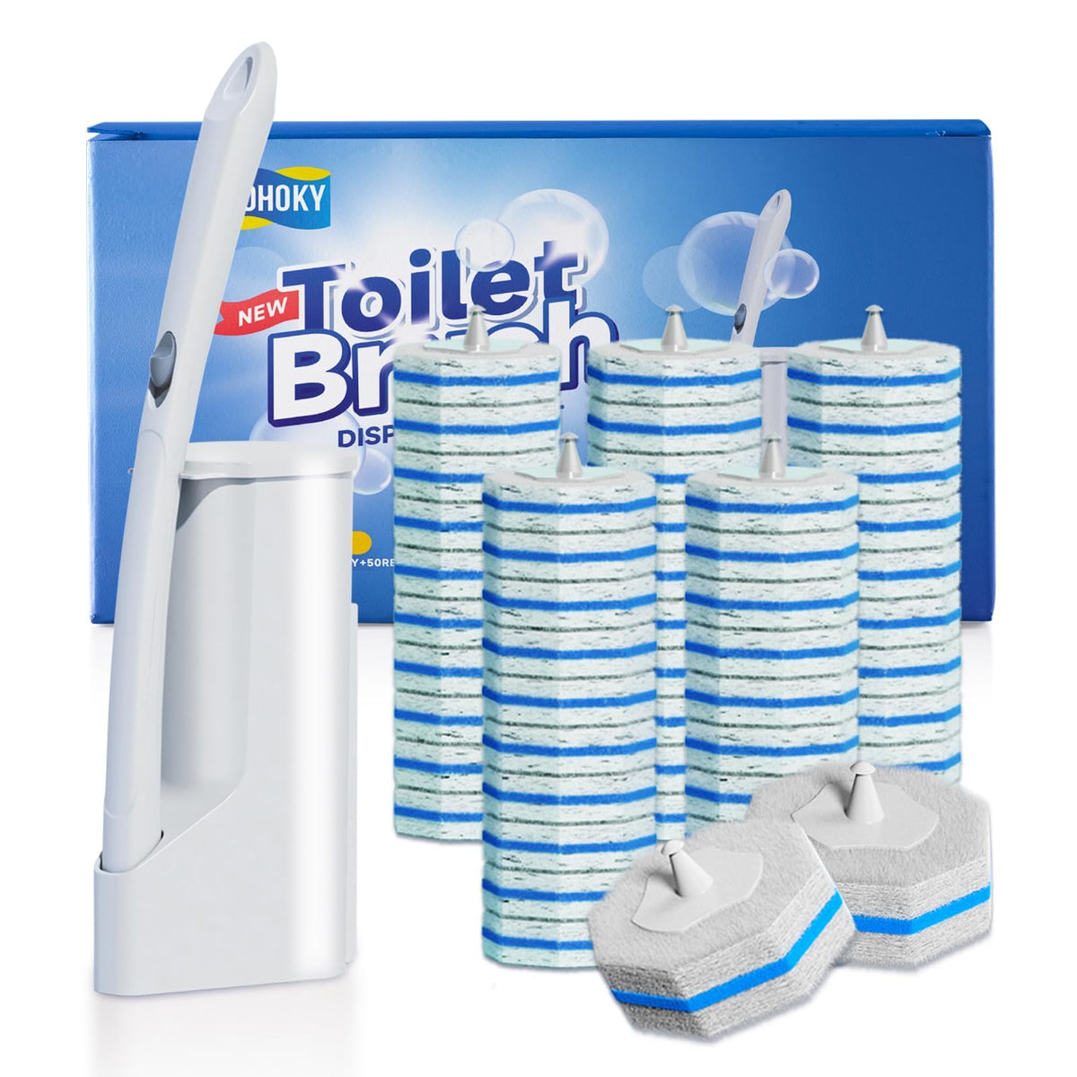 Disposable Toilet Brush Cleaning System with 50pcs Refills Pads Replacement Heads, Toilet Cleaning Stick, Wall Mounted Toliet Wand Kit Bathroom Maintenance, Toilet Bowl Cleaner Wands Holder and Set