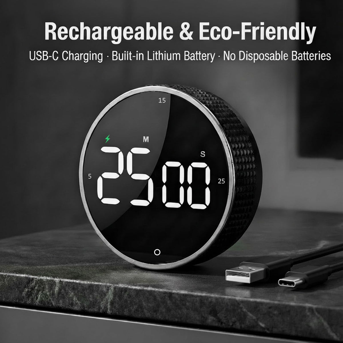 TLTWHS Rechargeable Magnetic Kitchen Timer, LED Countdown/Count-Up Timer, Supports USB-C Charging, with Loud Alarm, 3 Preset Quick Times (5/15/25m), Perfect for Kitchen Cooking, Studying, and Fitness