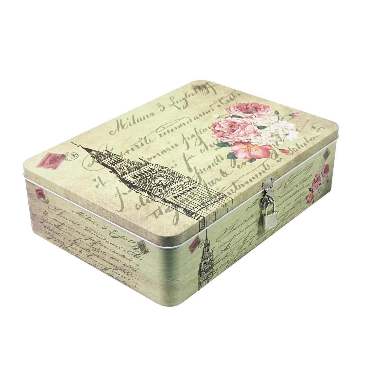 DreamsEden Decorative Keepsake Box with Hinged Lid and Small Lock, Large Letter Size, Tin Sheet Metal - Storage Memory Box for Keepsakes, Cards, Letters, Seed, Kids Gifts