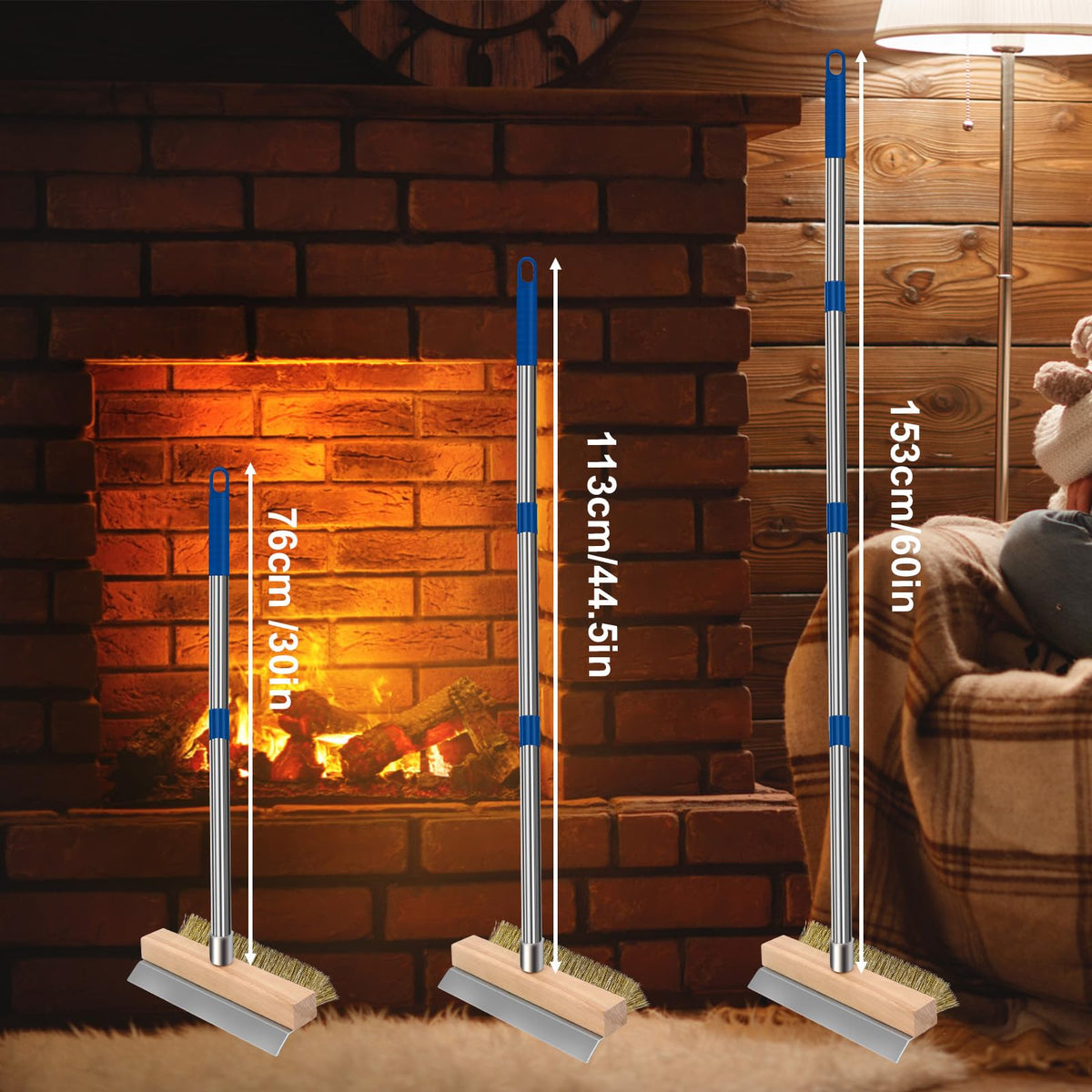 Pizza Oven Brush with Scraper and 4 Sections Detachable Long Rod and Scraper-Oven Brush for Removing Deep Burned-On Residue | Ideal for Pizza Shelf & Large Grills and Pizza Oven Accessories