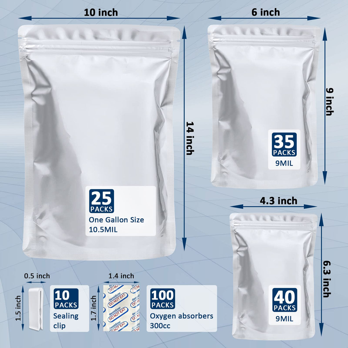 100 Pack Mylar Bags for Food Storage with 100x300cc Oxygen Absorbers - 9 Mil 10"x14", 9Mil 6"x9", 9Mil 4.3"x6.3" - Resealable Bags for Packaging Products & Ziplock Food Grade Bag for Storage