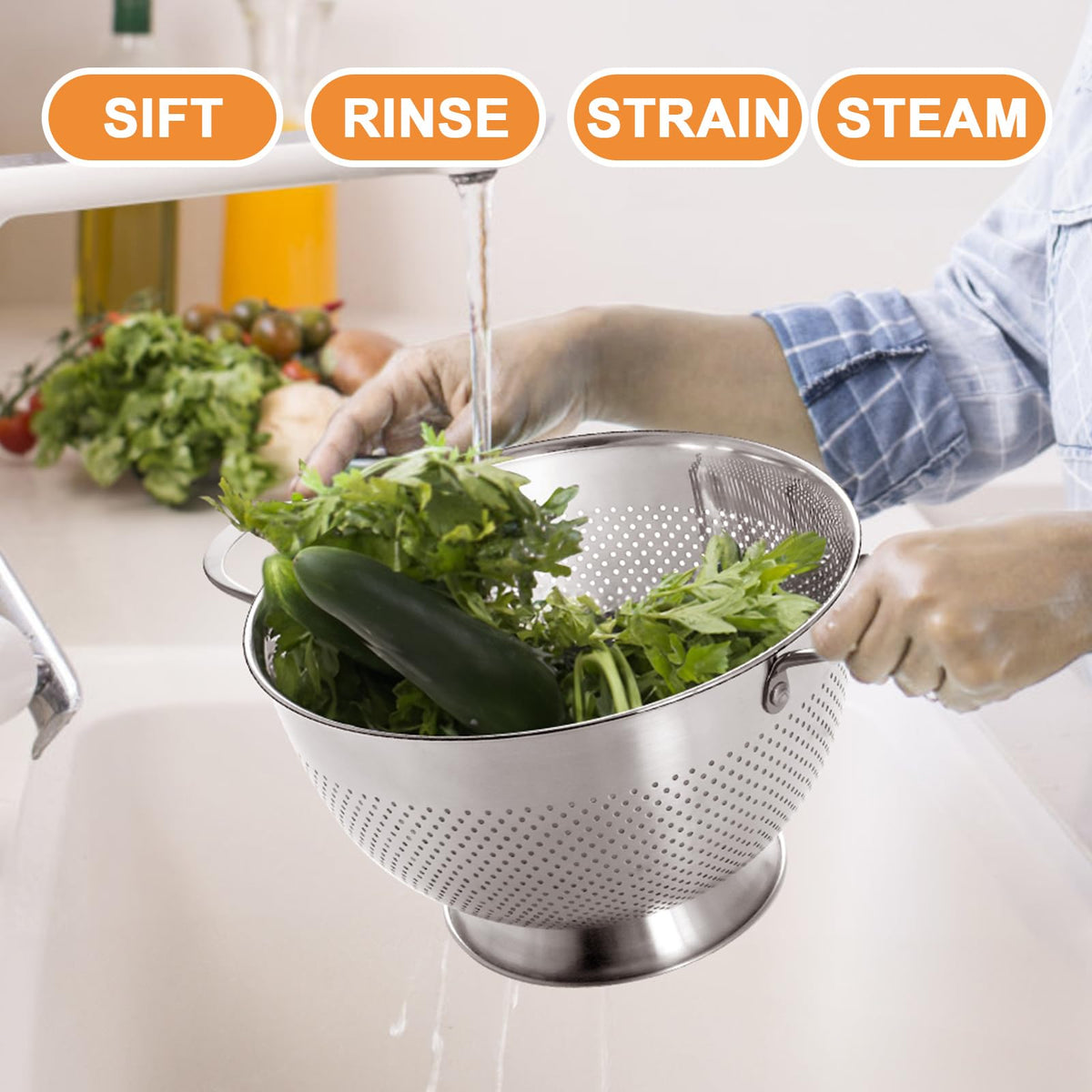Stainless Steel Colander for Kitchen | 5 Quart Durable Rice and Pasta Strainer with Handle | Oversized Handles | Nesting Design | Rust-Resistant & Dishwasher Safe