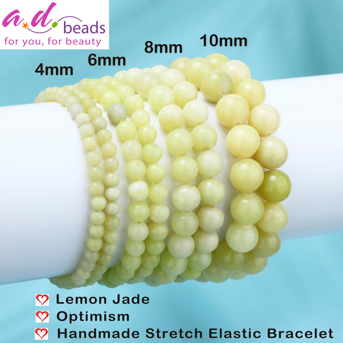 AD Beads 10mm Handmade Lemon Jade Elastic Bracelet – Natural Gemstone for optimism – Meditation, Yoga, Healing and Energy Gift for Men Women