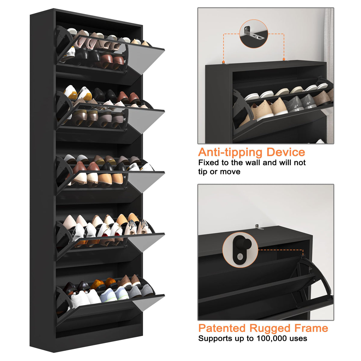 Organizedlife Shoe Storage Cabinet with Full Length Mirror, 30 Pairs & 5 Flip Drawer, Free Standing Shoe Rack Cabinet, Narrow Shoes Organizer for Front Door, Entryway (2-Shelf of Drawers, Black)