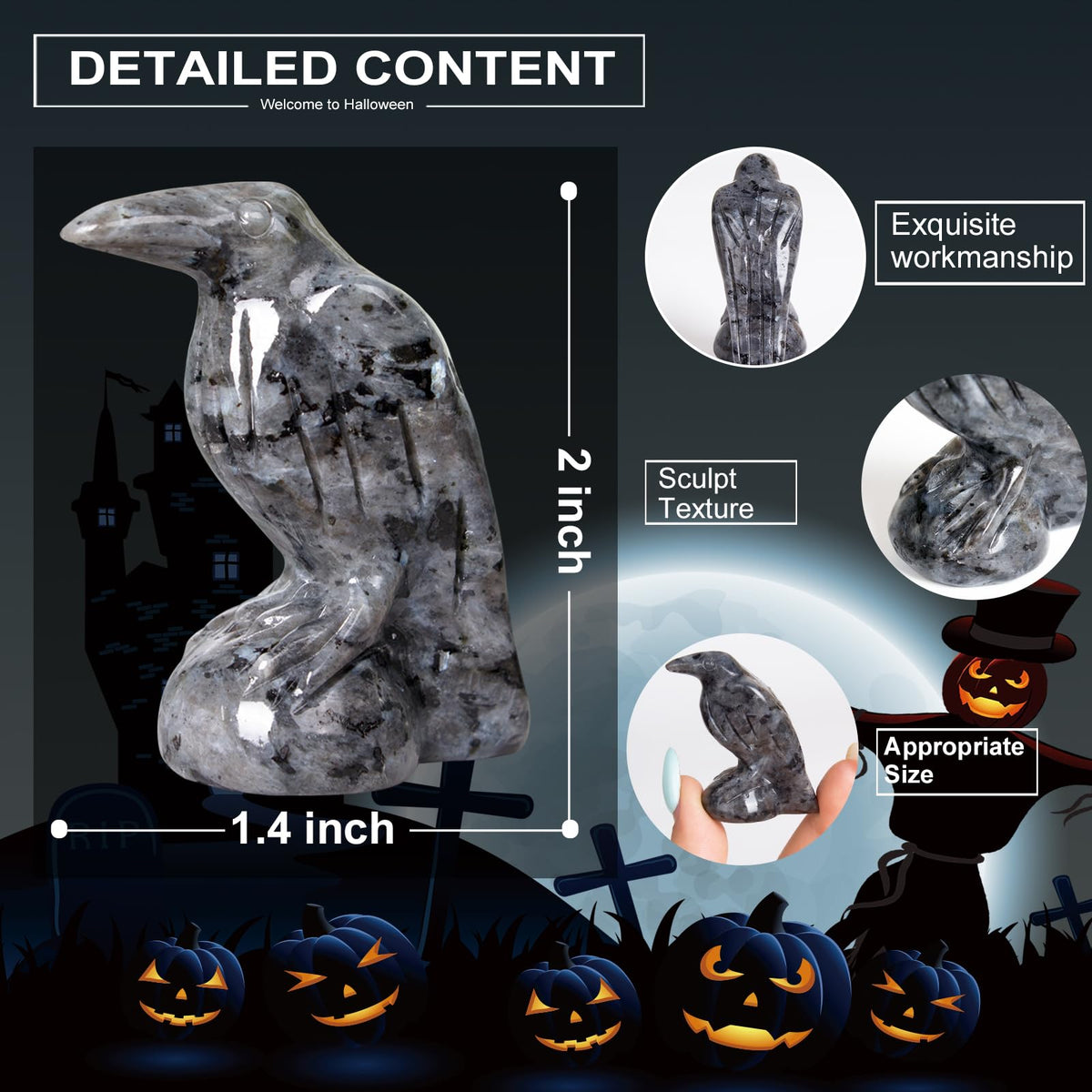 Hguxmcu Natural Shimmer Stone Raven Statue,2 Inch Mystical Crow Sculpture Gothic Home Decor,Spiritual Totem Art Healing Crystal Figurine Witchy Altar Decor Dark Academia Collectible