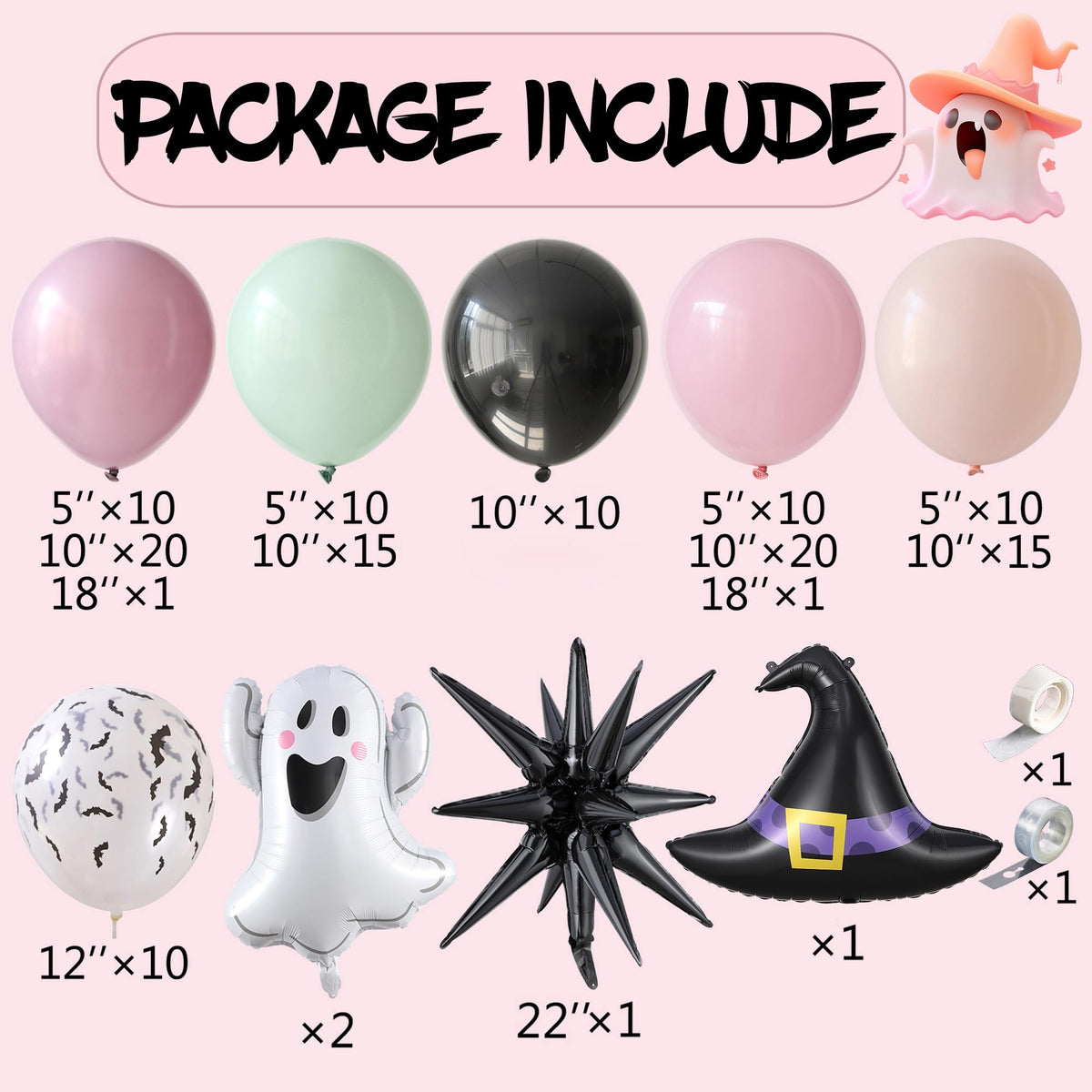 Halloween Balloon Arch Garland Kit, 139Pcs Dusty Purple Green Black Pink Balloons, Ghost Witch Hat Explosion Star Foil Balloons for Halloween Birthday Party Decorations
