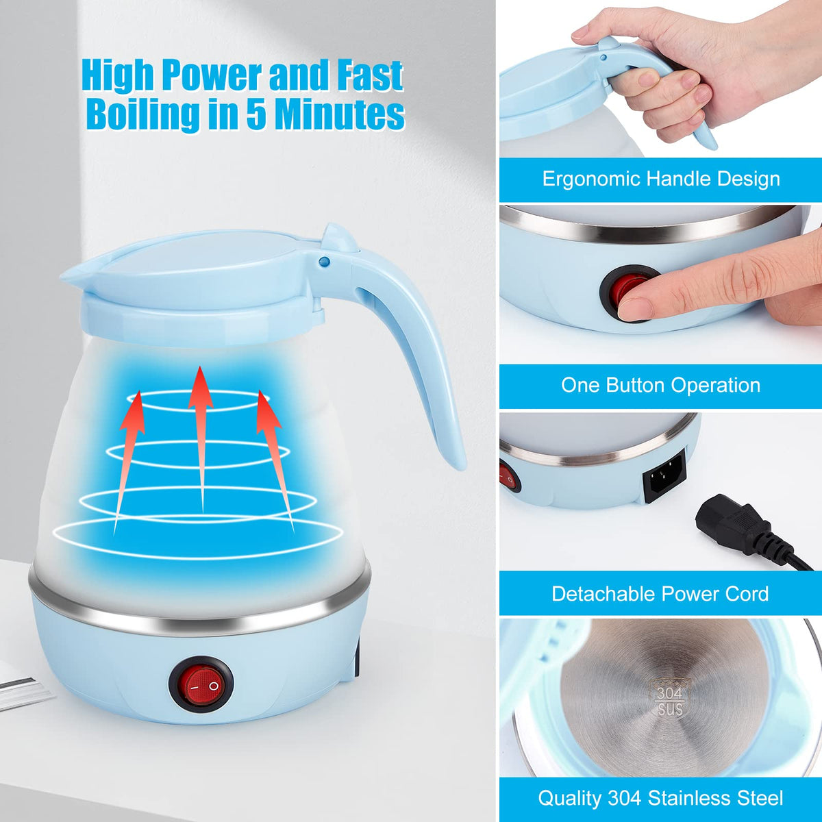 Travel Foldable Electric Kettle, Portable Kettle for Fast Water Boiling Tea Coffee, with 1 Collapsible Bowl and 2 Cups, Food Grade Silicon, 600ML 110V