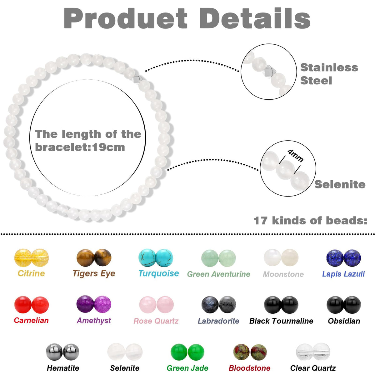 Raicegs 4MM Selenite Beaded Bracelets Healing Crystal Bracelet for Women Men Natural Stone Handmade Stretch Bracelet Reiki Spiritual Jewelry