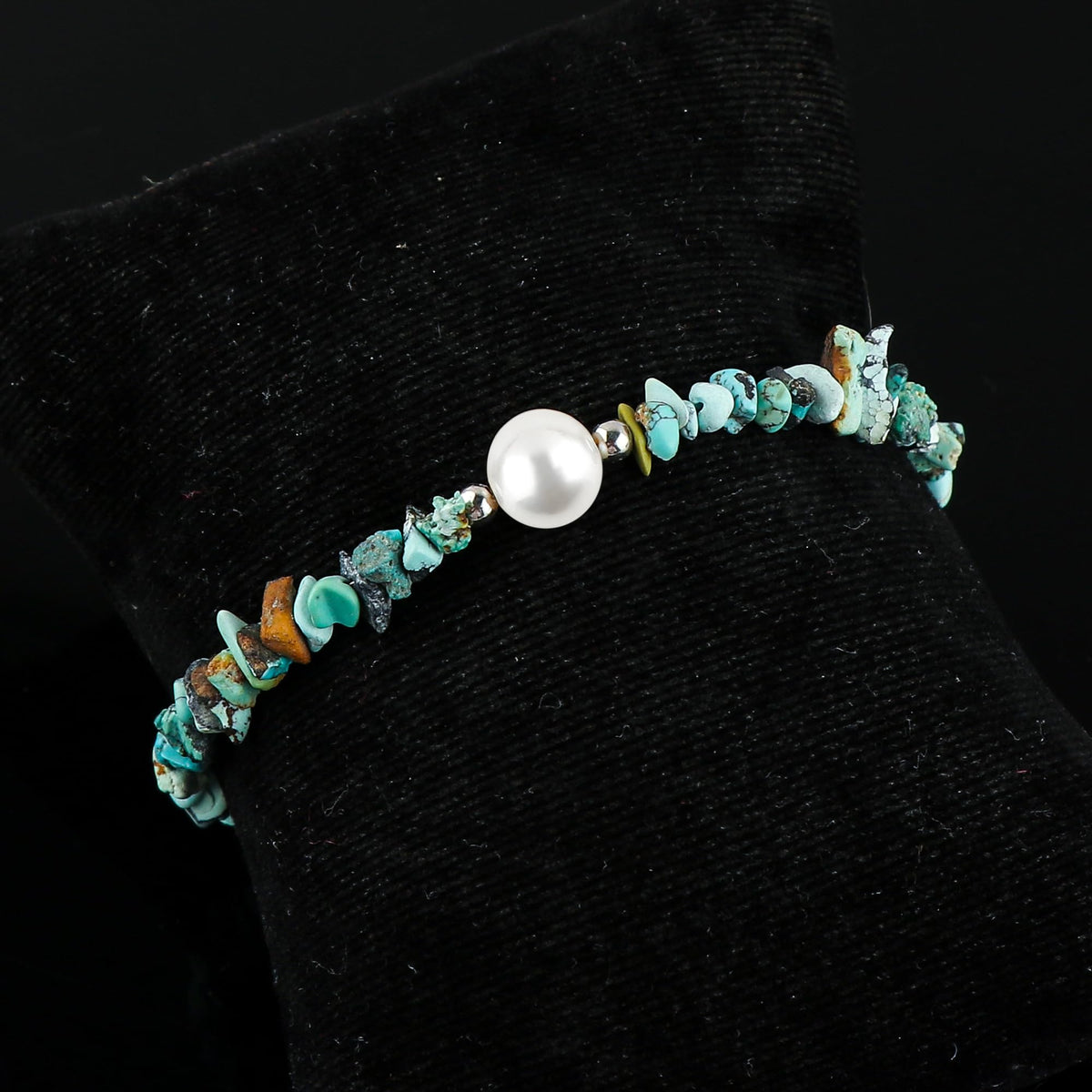 CRYSTALIS Natural Turquoise Beads Slider Bracelet with Elegant Pearl, High Grade Nuggets Crystal, Chakra Healing Gemstone, Gift Giving Women Jewelry, Silver Slider 10 inch