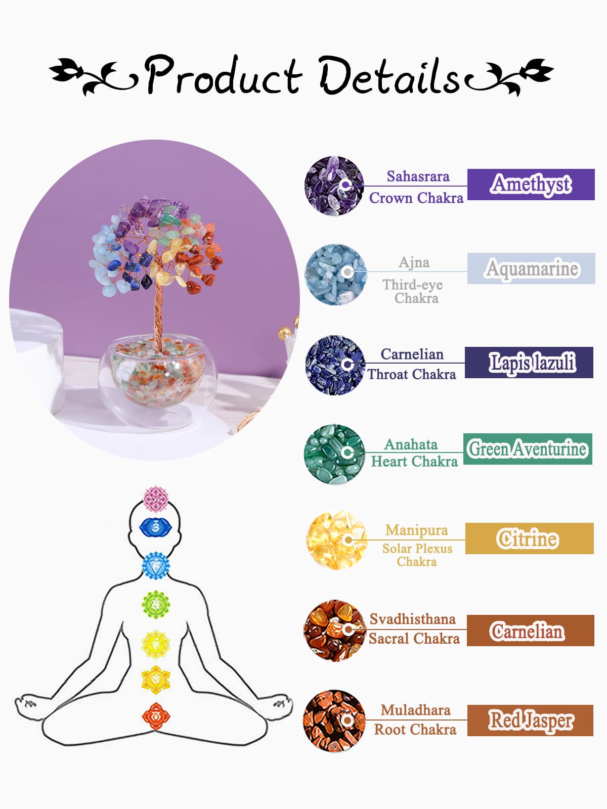 PESOENTH Chakra Tree Crystal Tree of Life,7 Chakra Stones Healing Crystal Gemstone Trees Reiki Positive Energy Gifts for Women Mom Birthday,Spiritual Chakra Decor Gifts for Home Room Office