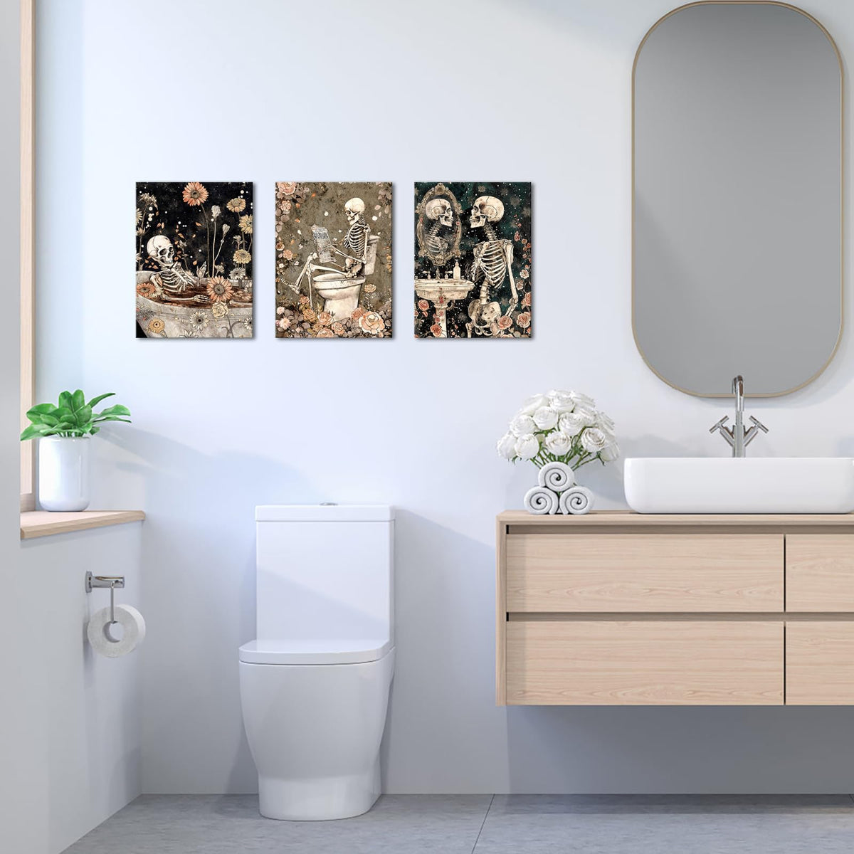 FuShvre Skeleton Bathroom Decor Moody Skeleton Wall Art Pictures for Bathroom Gothic Painting for Home Decoration Framed 12x16 inch each piece (Coral)