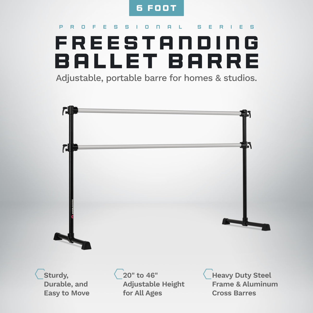 VITA Barre Portable Freestanding Double Ballet Barre, Professional, 6 Ft Bars, Black, Aluminum | Adjustable Height, Made in USA, Home or Gym Exercise Equipment for All Ages | Dance, Fitness, Pilates