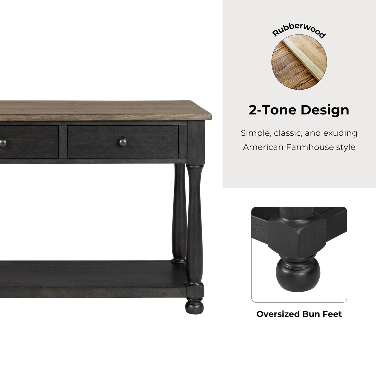Furniture of America Narella Solid Wood 60-inch Sofa Table with 3 Drawers, Farmhouse Legs and Ball-Bearing Glide for Living Room, Weathered Black
