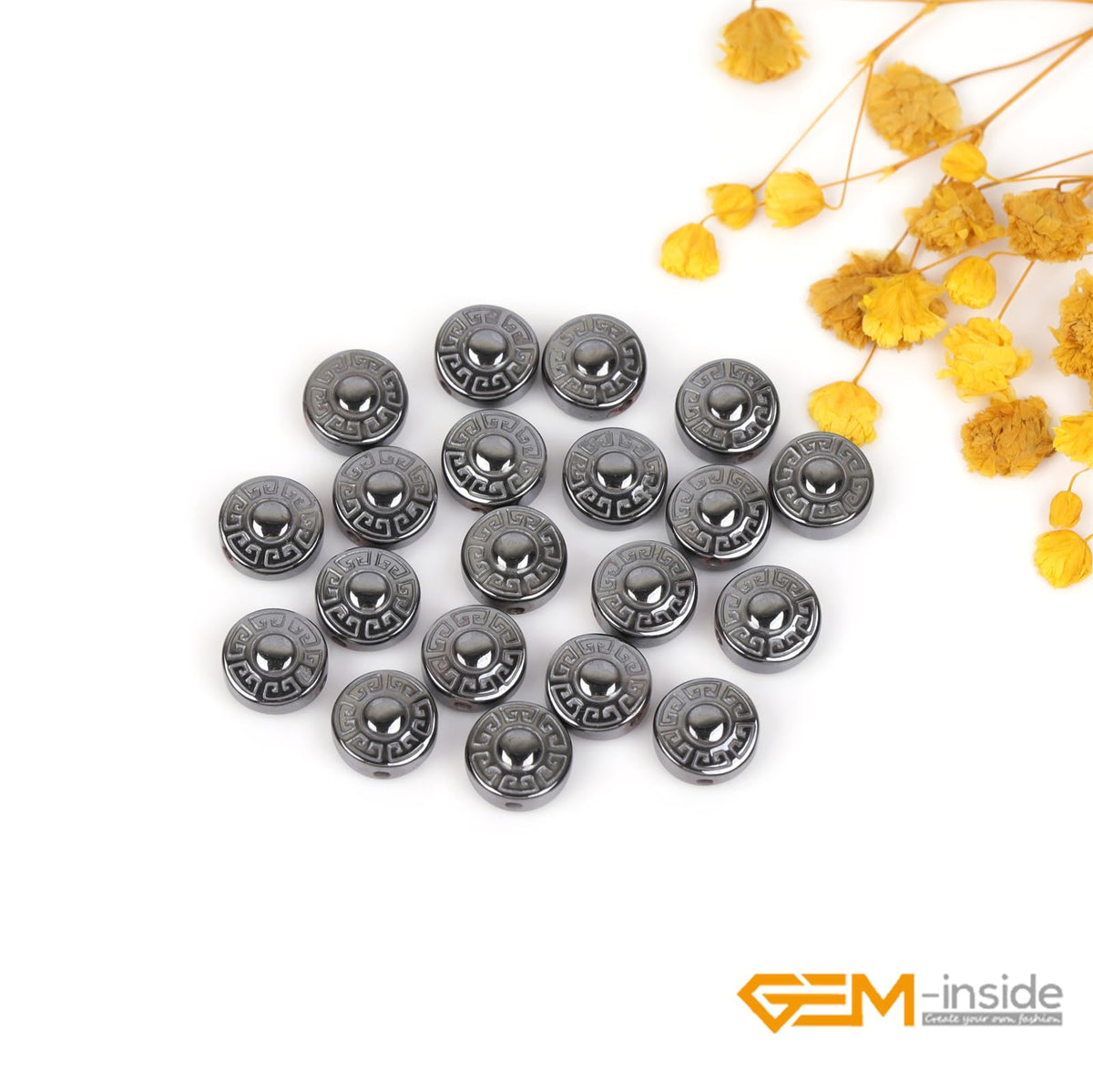 GEM-Inside 46pcs 8mm Natural Black Hematite Double Side Carved Maya Sun Sign Coin Beads for Bracelet Necklace Jewelry Making Power Energy Chakra Beads