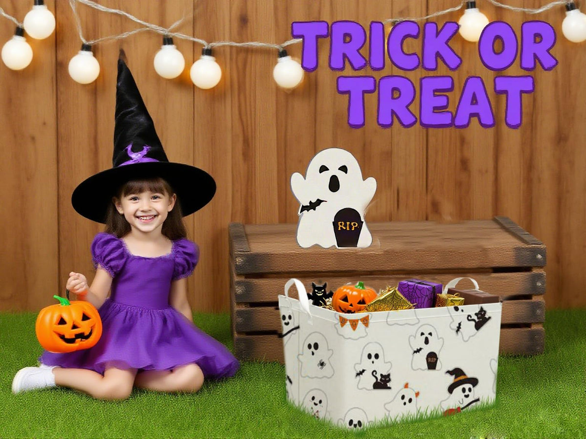 TUZIANAN Halloween Ghost Basket, Cute Boo Basket for Gifts Foldable Storage Bin with Handles for Home Closets Shelf Offices,Bedrooms,Dorm Toy Storage (Halloween ghost basket)