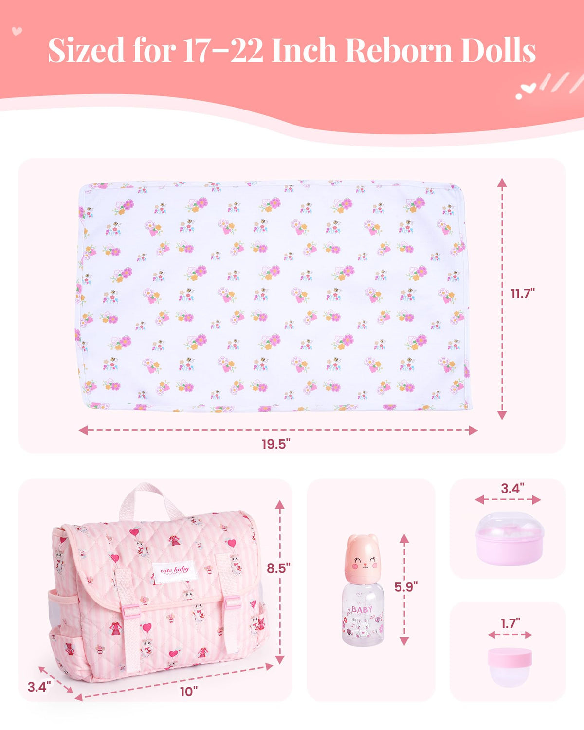 BABESIDE 9 Pcs Reborn Baby Doll Accessories for 17-22 Inch Reborn Dolls, Diaper Bag Set with 2 Diapers, Changing Pad, Bottle, Tissue and Care Set, Great for Children's Pretend Play, Doll Not Included