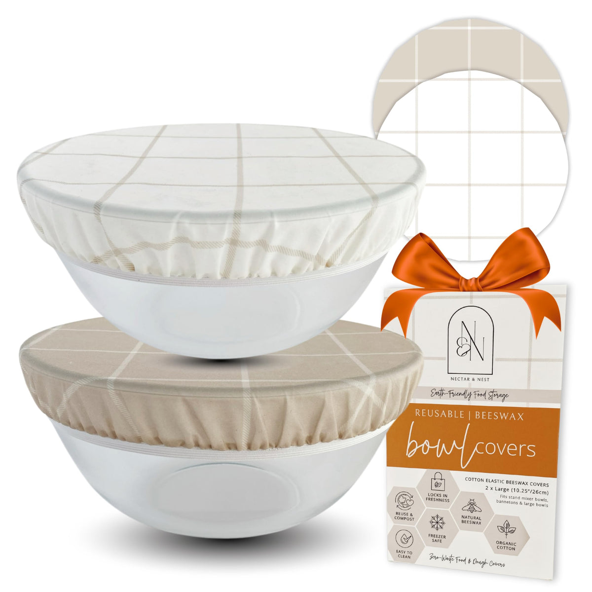 Nectar & Nest Reusable Bowl Covers for Bread Proofing (2 Lg) - Beeswax Bowl Covers Reusable, 100% Organic Cotton, Elastic Cover for Sourdough, Dough Proofing and Food Storage, Compostable