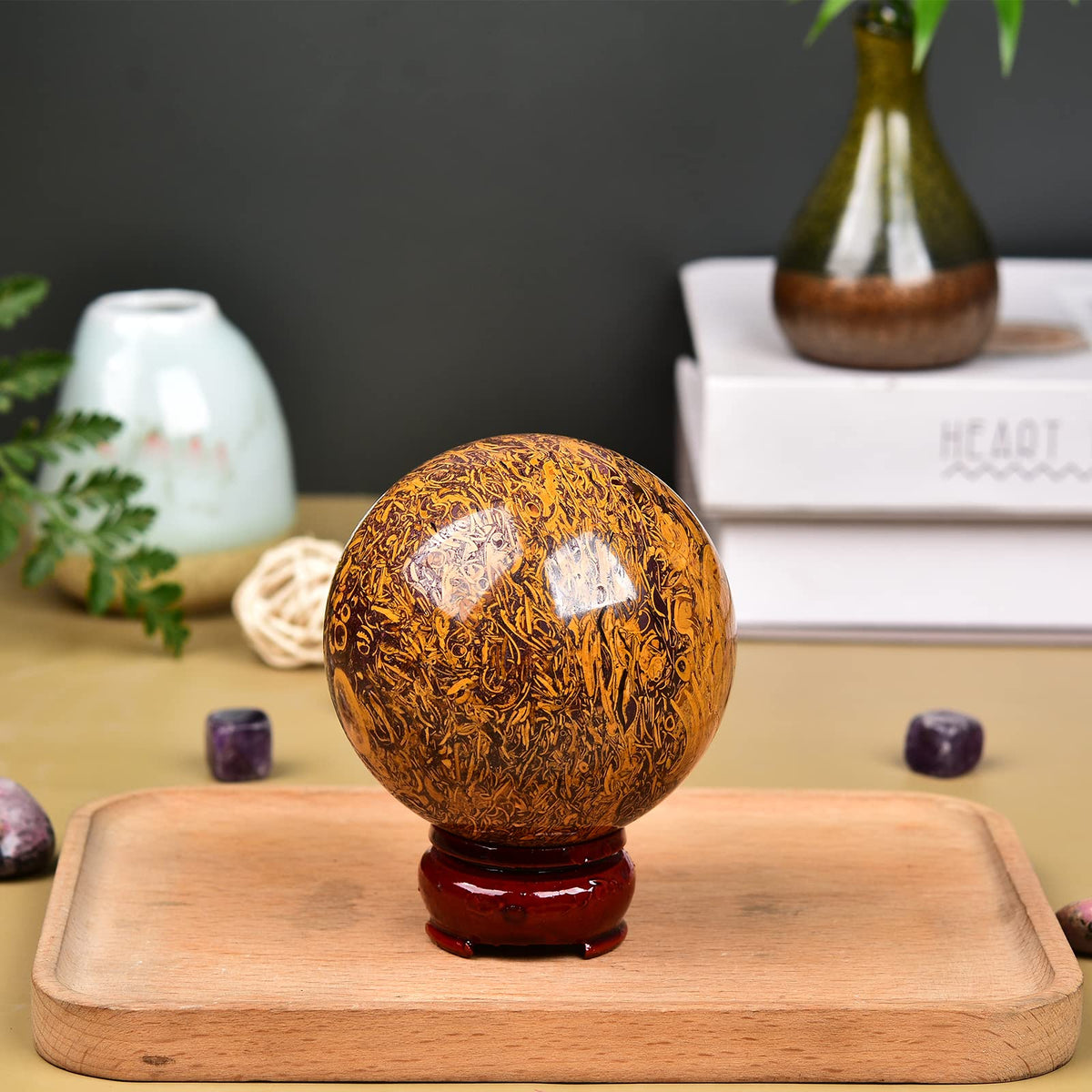 JIC Gem Healing Crystals Sphere Natural Golden Jade Crystal Ball Mineral Quartz Stone With Decorative Stand Home Decoration (70-80mm)