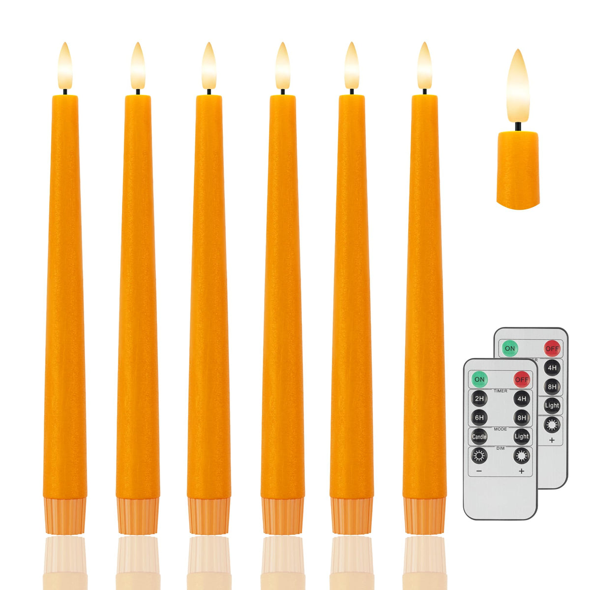 Orange Flameless Taper Candles, 9.6" Halloween Battery Operated Candles with Two Remote, Real Wax Fall Led Candlesticks, Flickering Flameless Candle for Fall, Thanksgiving, Harvest, Halloween, 6 Pack