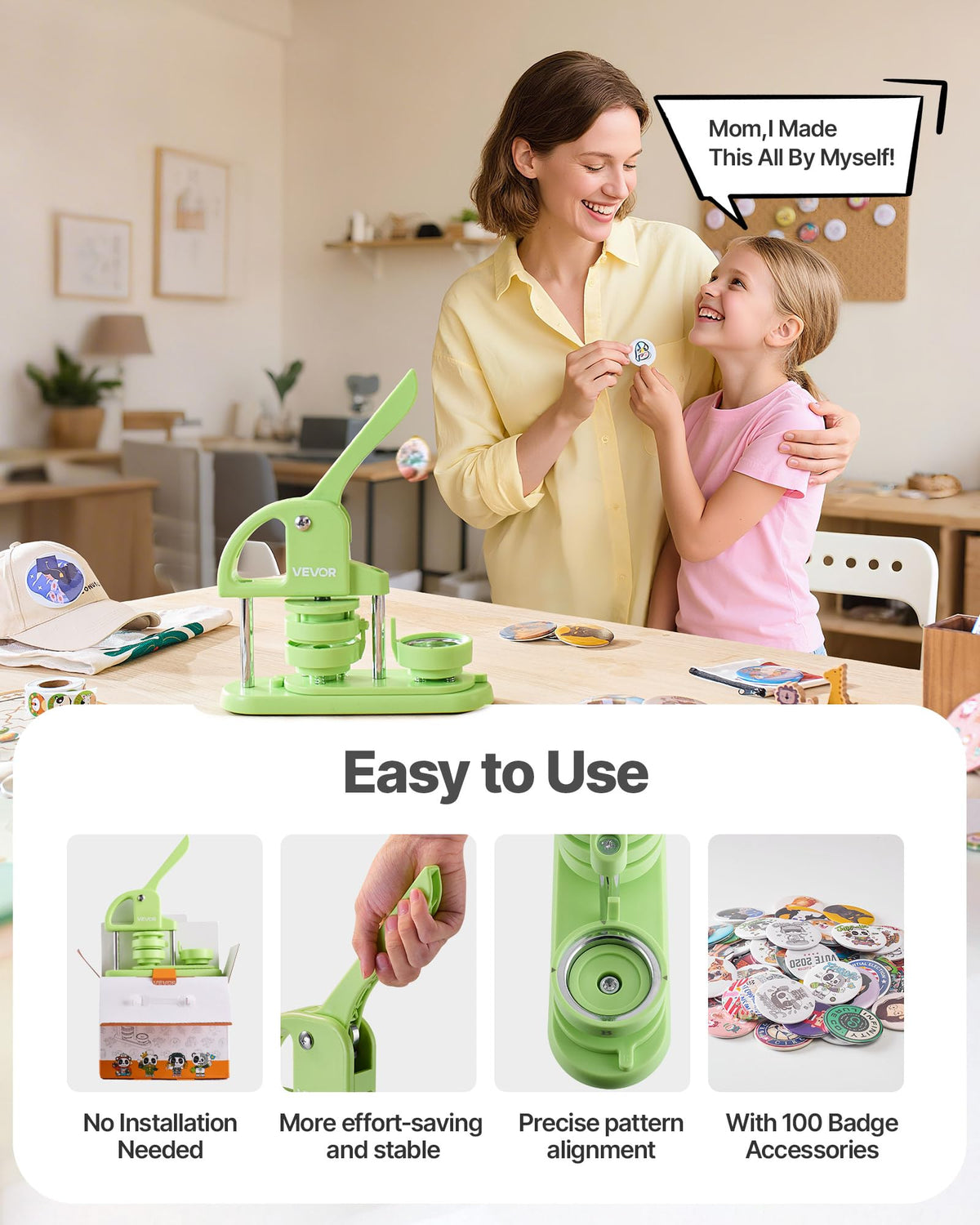 VEVOR Button Maker Machine, 58mm/2.25in Plastic Pin Maker with 100pcs Button Parts, Circle Cutter and Hex Wrenches, Reinforced Ergonomic Handle, for DIY Badges, Personalized Pins and Key Chains, Green