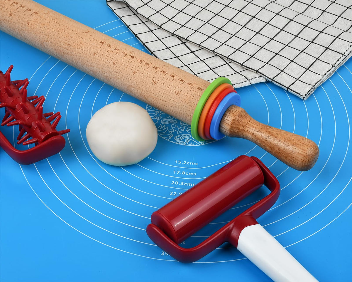 Victhur Rolling Pin with 4 Adjustable Thickness Rings and Long Handle 13.6 Inch Wooden Dough Roller for Baking, Dough, Cookie, Cake, Fondant, Pizza and Pie Crust