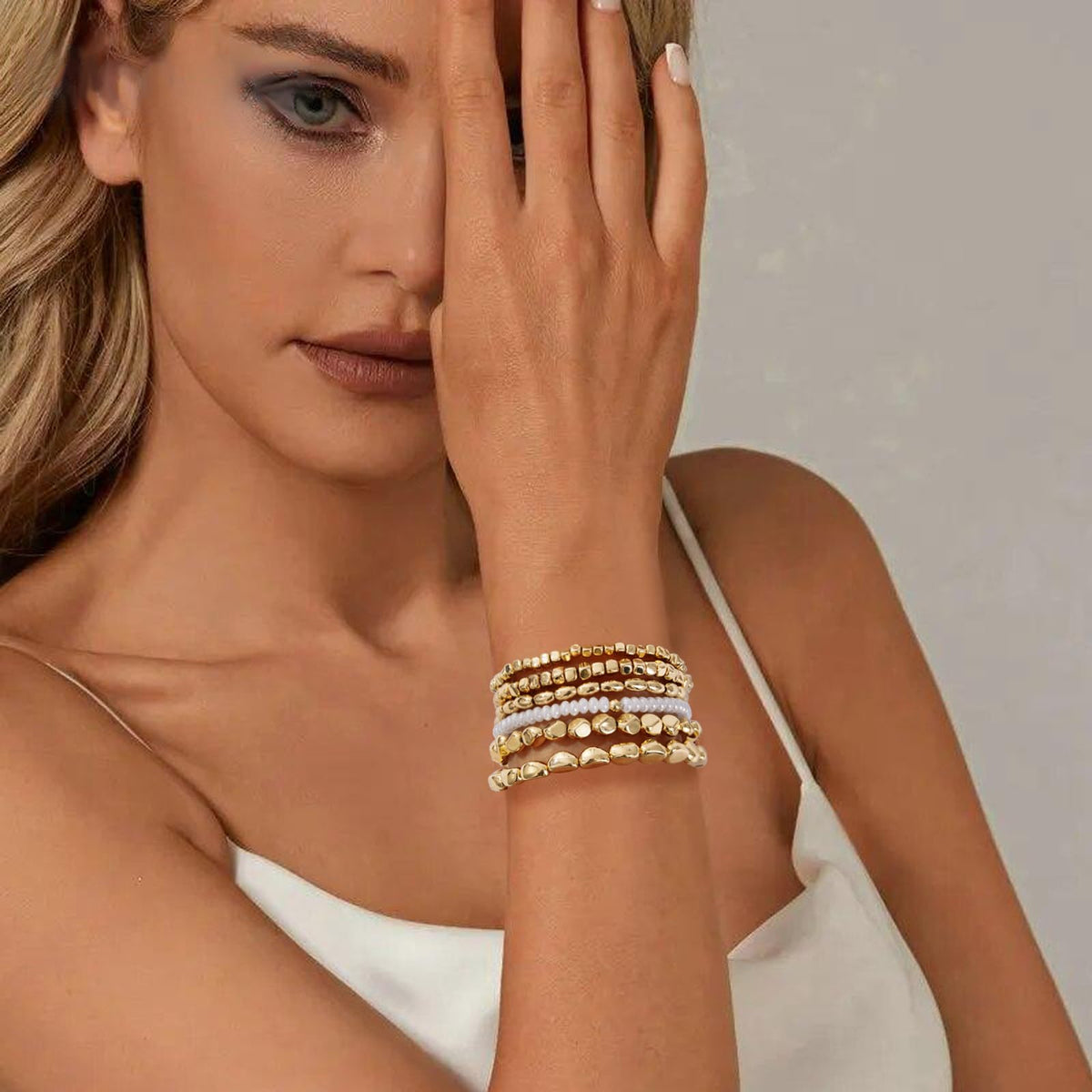 Sajidos Gold Plated Beaded Bracelets for Women Trendy, 14K Gold Plated Stack Cross Pearl Bead Stretch Bracelets Set Elastic Hypoallergenic Bracelets Jewelry Gifts (style9)